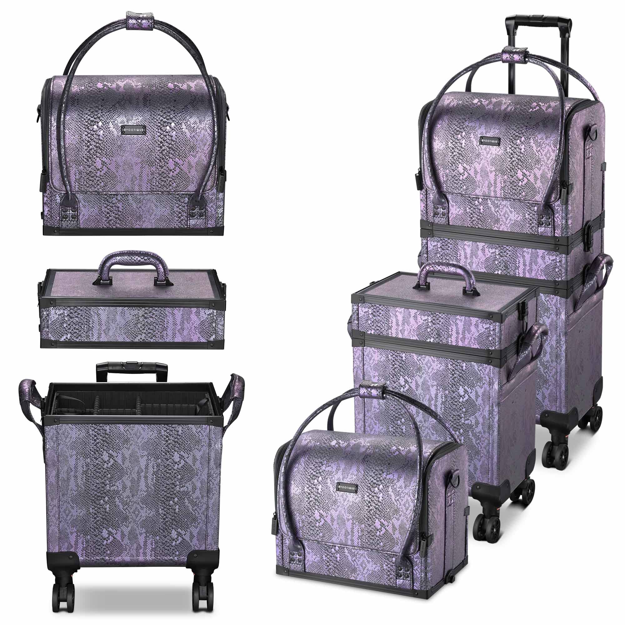 BYOOTIQUE 3-in-1 Rolling Makeup Train Case - Lockable Cosmetic Organizer with Wheels, Leather Travel Trolley & Storage Bag for Makeup Artists & Lovers (Purple) - Perfect for Salon Professionals, Travel & Home Organization