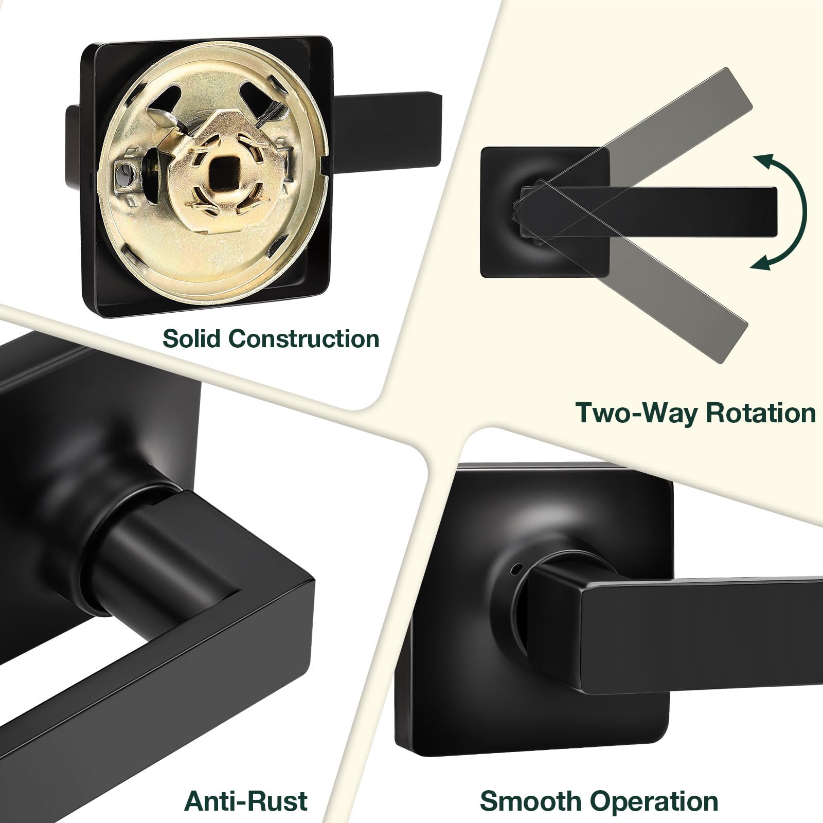 Gobekor 3 Pack Matte Black Square Interior Door Handles - Modern Passage & Closet Door Levers with Lock - Perfect for Bedrooms, Bathrooms & Office Doors