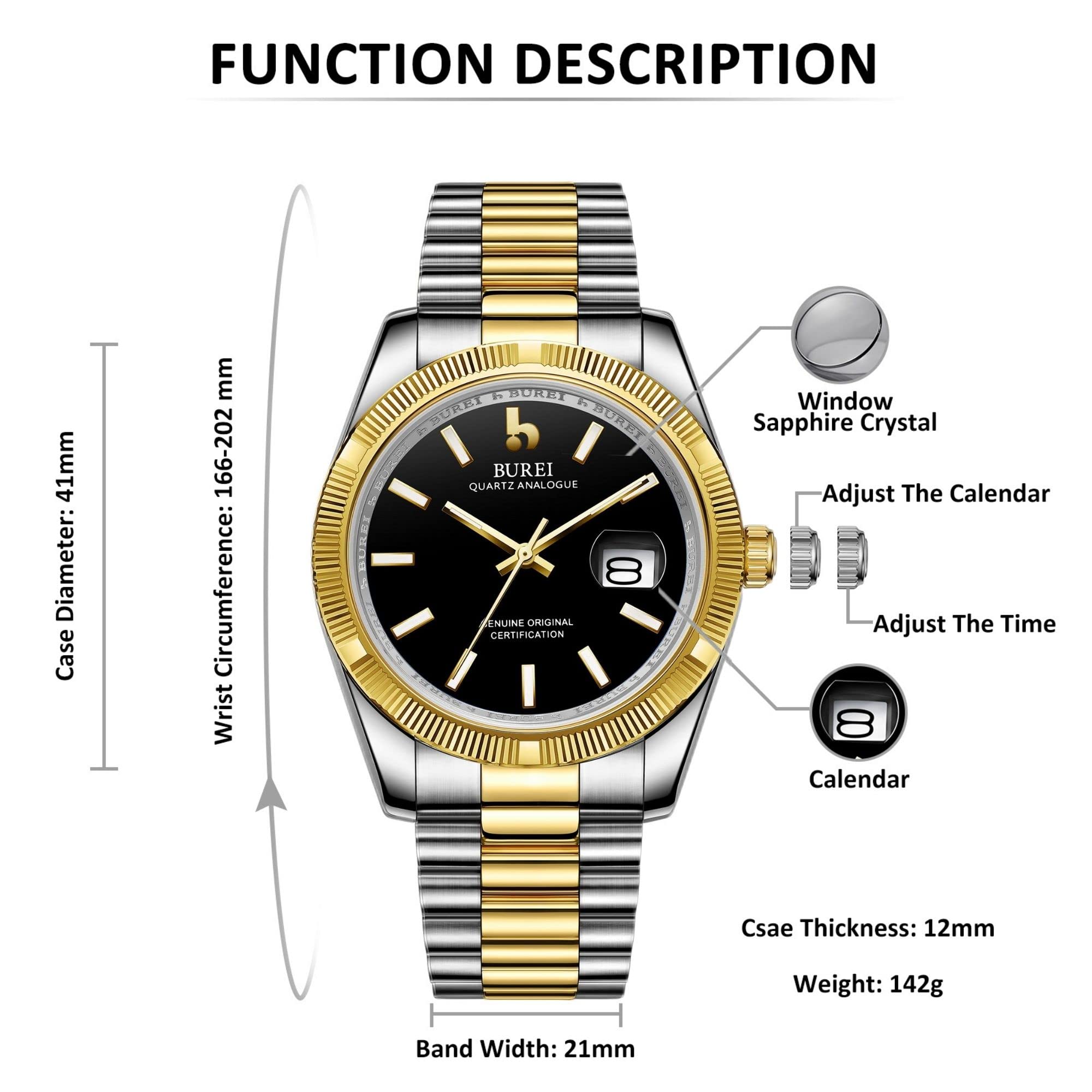 BUREI Luxury Men's Watches - Stainless Steel Analog Business Dress Watch for Men - Waterproof & Fashionable - Perfect Gift for Him - Ideal for Office, Formal Events & Everyday Wear