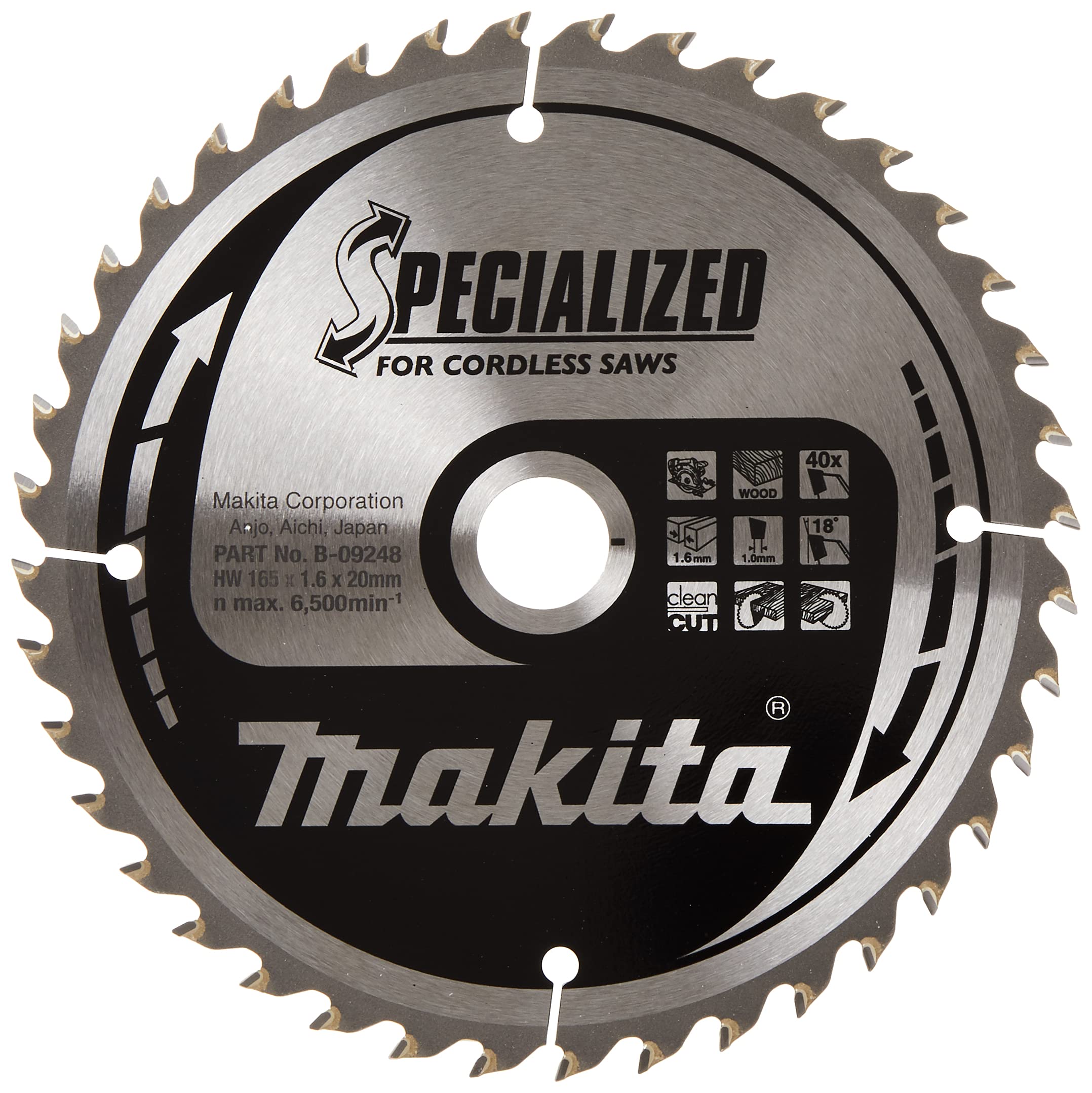 Makita B-09248 165mm 40-Tooth Cordless Circular Saw Blade with 20mm Arbor - Perfect for Woodworking, DIY Projects, and Professional Construction Use