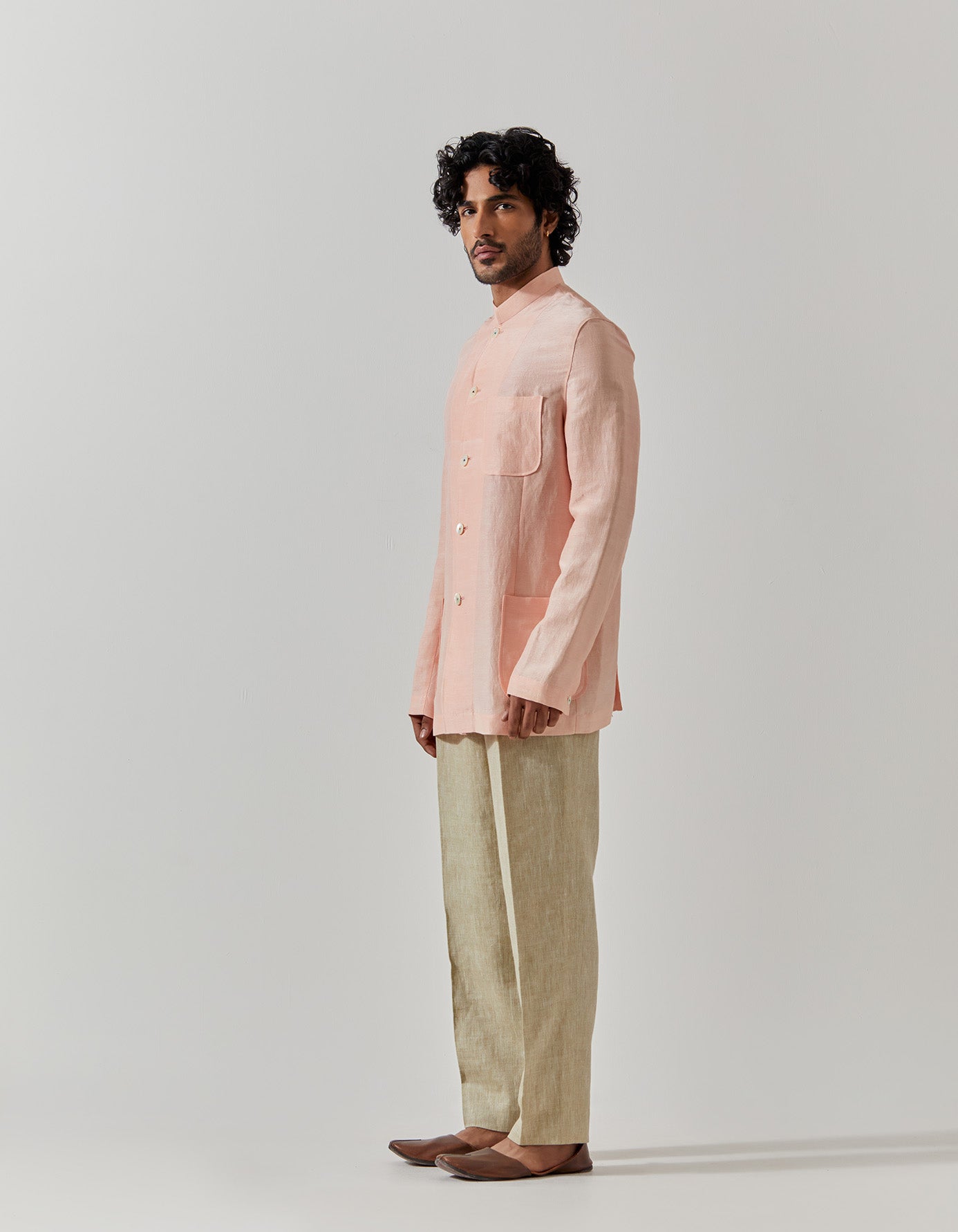 Elegant Bandhgala Jacket in Satin Linen Fabric - Salmon Color for Men | Perfect for Weddings, Parties & Formal Events