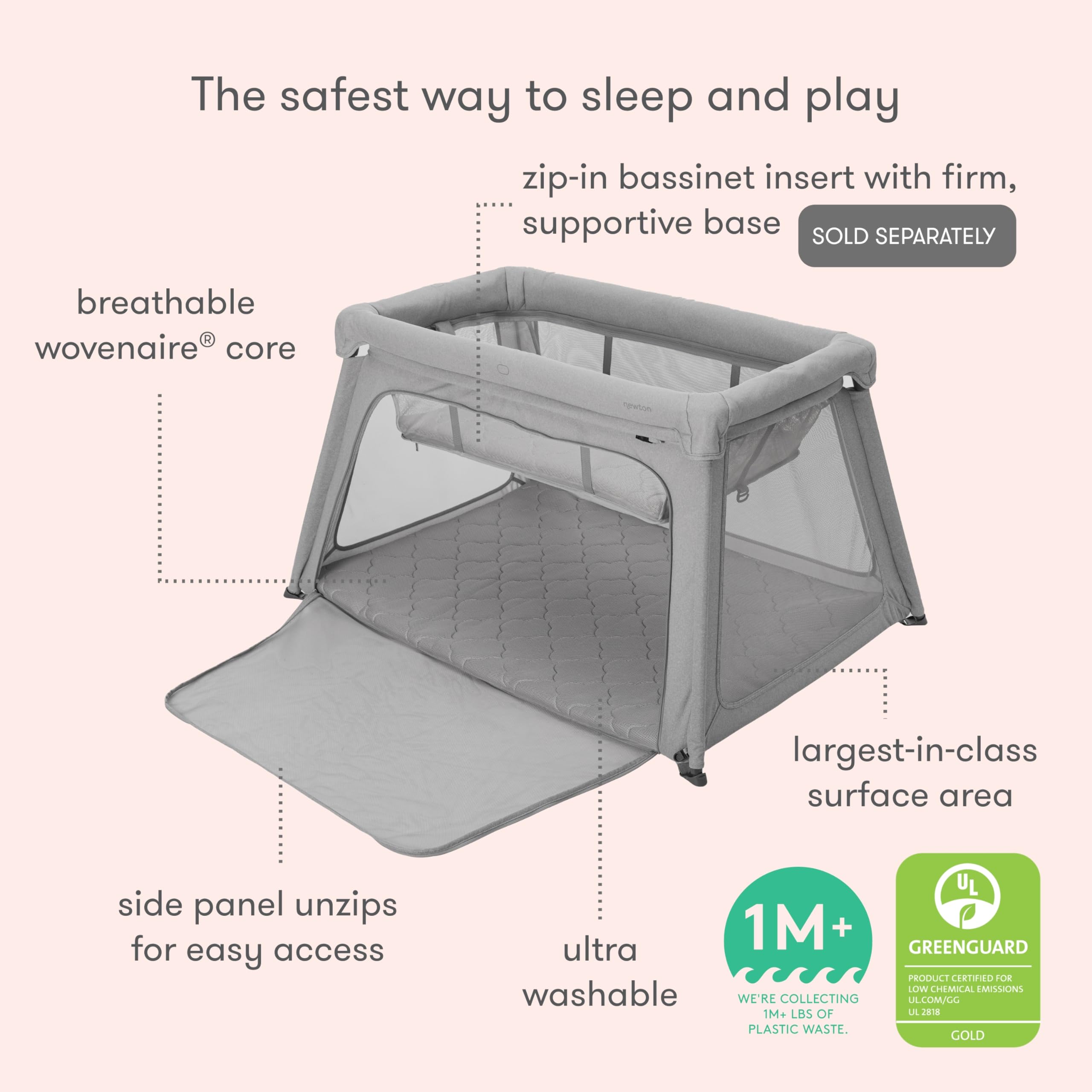 Newton Baby Travel Crib & Play Yard - 2023 Model | 100% Breathable Washable Portable Playpen | Largest Baby Playard with Travel Bag & Sheet | Bassinet Option | Perfect for Travel, Nursery & Indoor Playtime