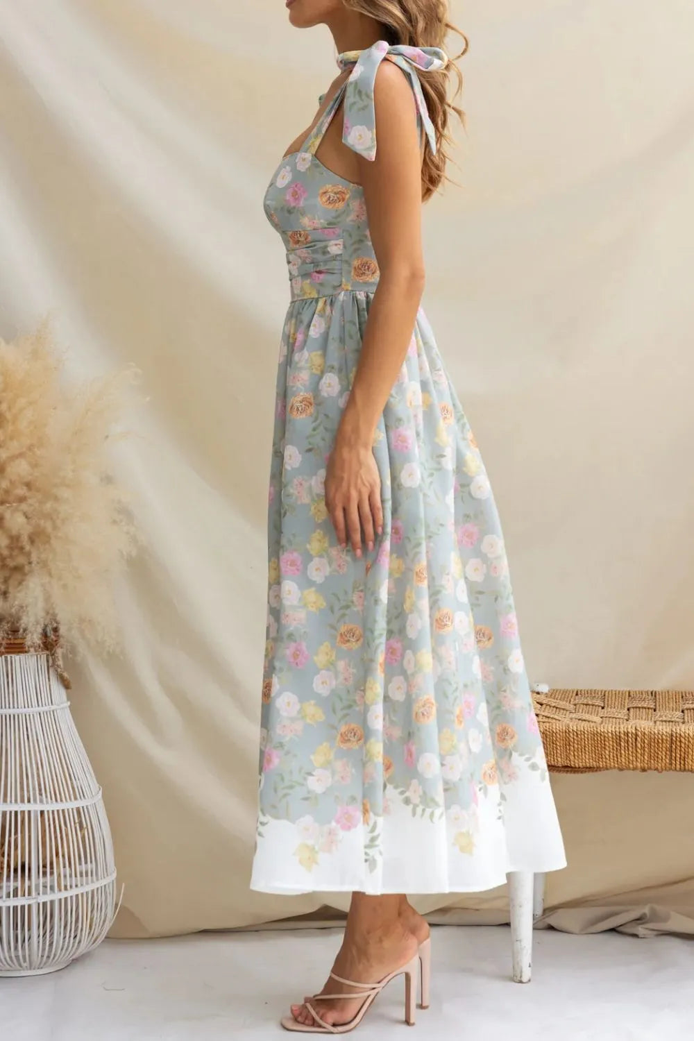 Floral Print Tie Shoulder Midi Cami Summer Dress for Women - Perfect for Beach Vacations, Date Nights & Outdoor Parties