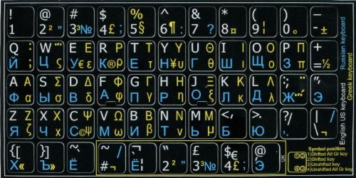 Russian Greek English Keyboard Stickers - Non-Transparent Black Background Labels for PC, Laptop & Notebook - Perfect for Multilingual Typing & Language Learning