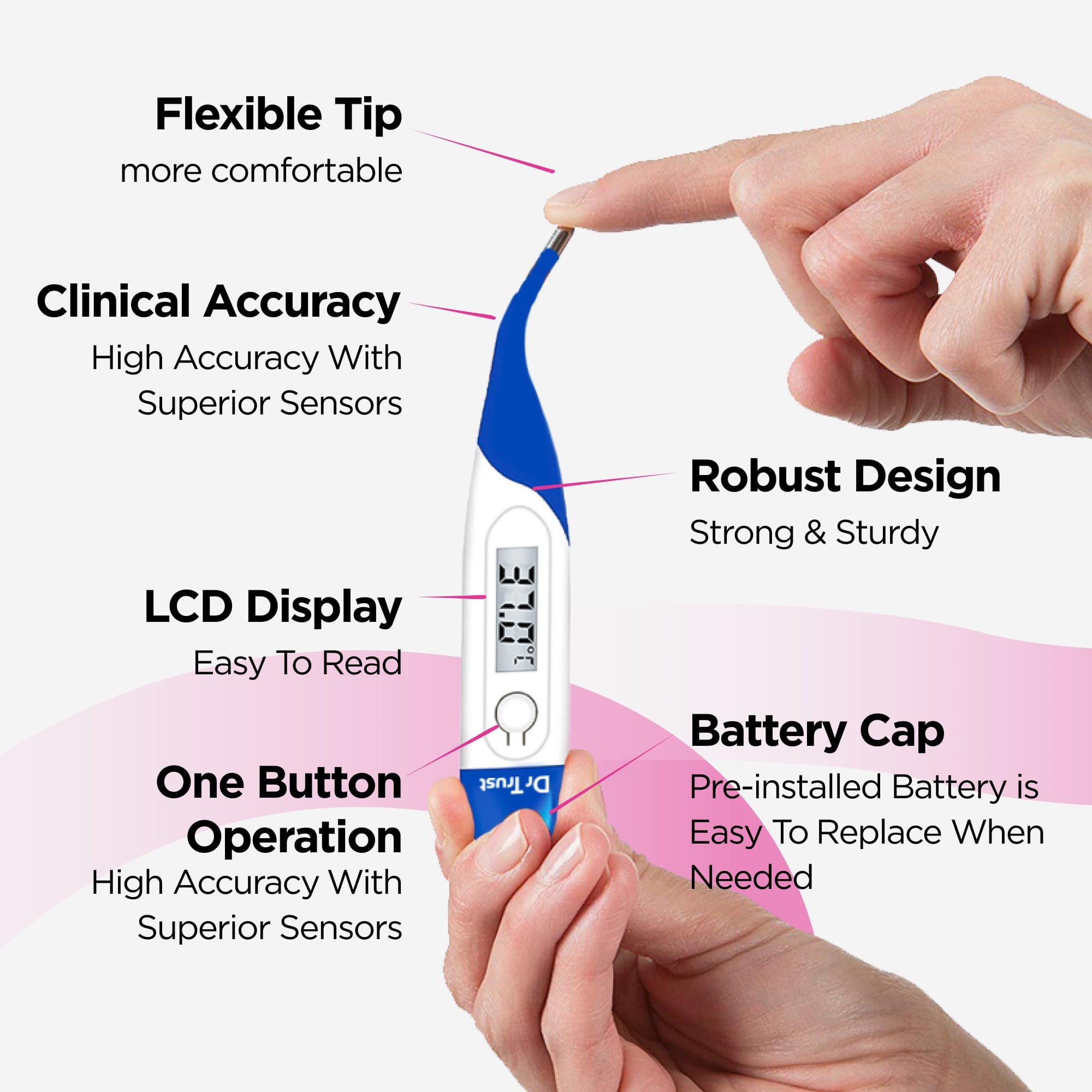 Dr Trust USA Flexible Tip Digital Thermometer - Fast & Accurate Oral, Rectal & Underarm Temperature Reading for Adults, Kids & Babies - Perfect for Home, Clinic & Travel Use
