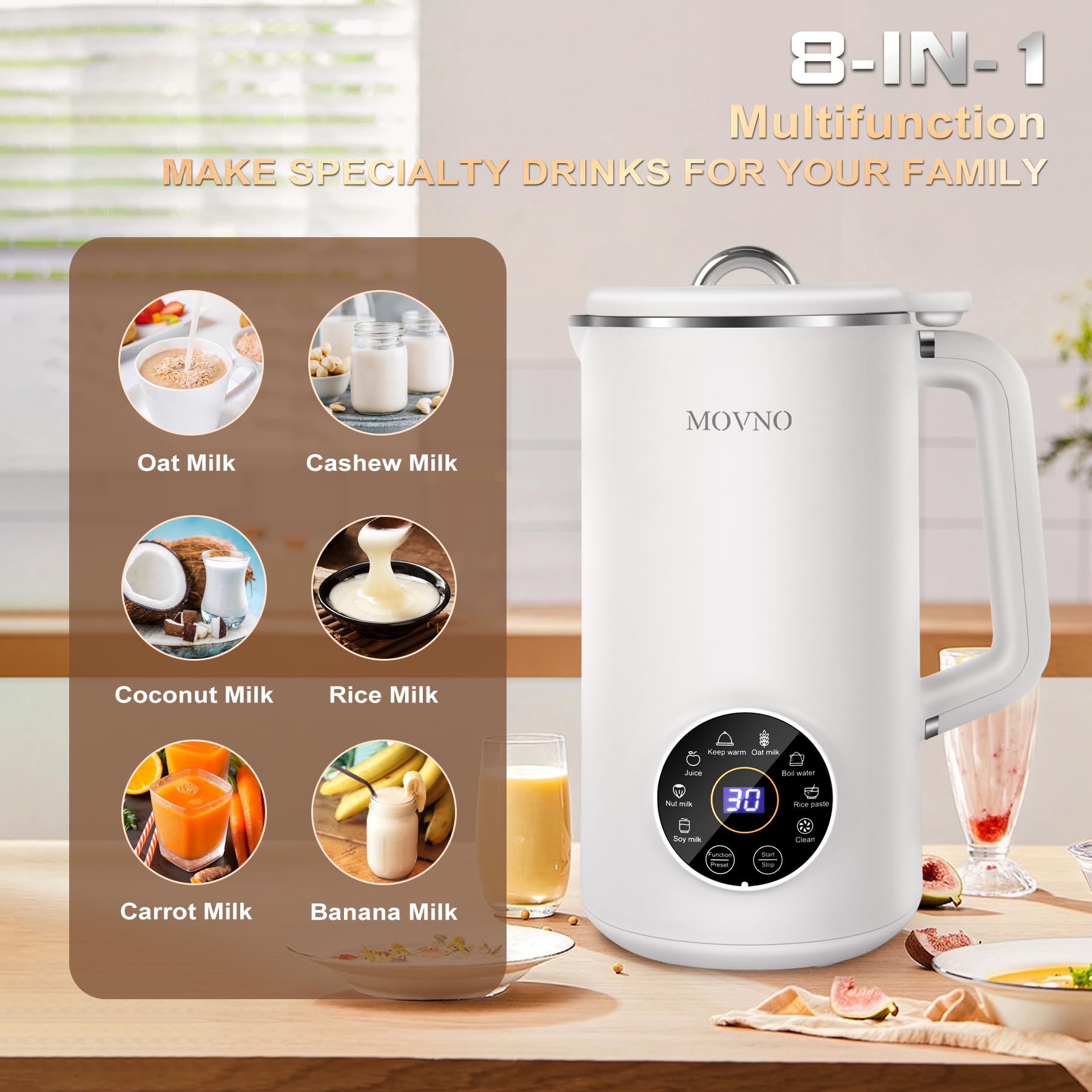 8-in-1 Nut Milk Maker Machine - 1000ml Capacity for Homemade Almond, Oat, Coconut & Soy Milk - Automatic Plant-Based Dairy-Free Beverage Blender with Delay Start, Keep Warm & Boil Water Functions - Perfect for Vegan, Keto & Healthy Lifestyle Kitchens