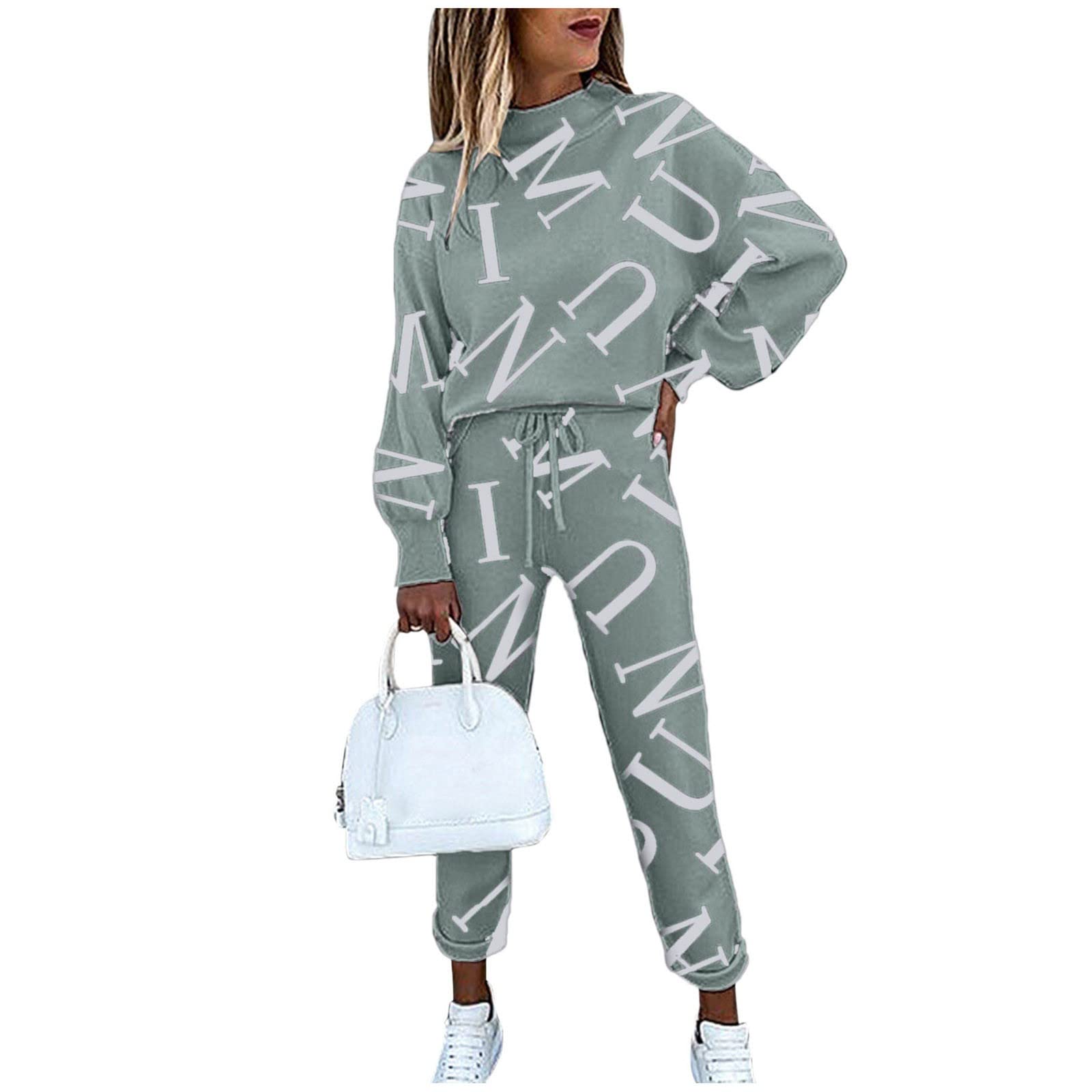 Women's Printed 2-Piece Long Sleeve Pullover & Joggers Set with Drawstring - Winter Snowboard Outfit for Women | Cozy Lounge & Outdoor Sports Wear