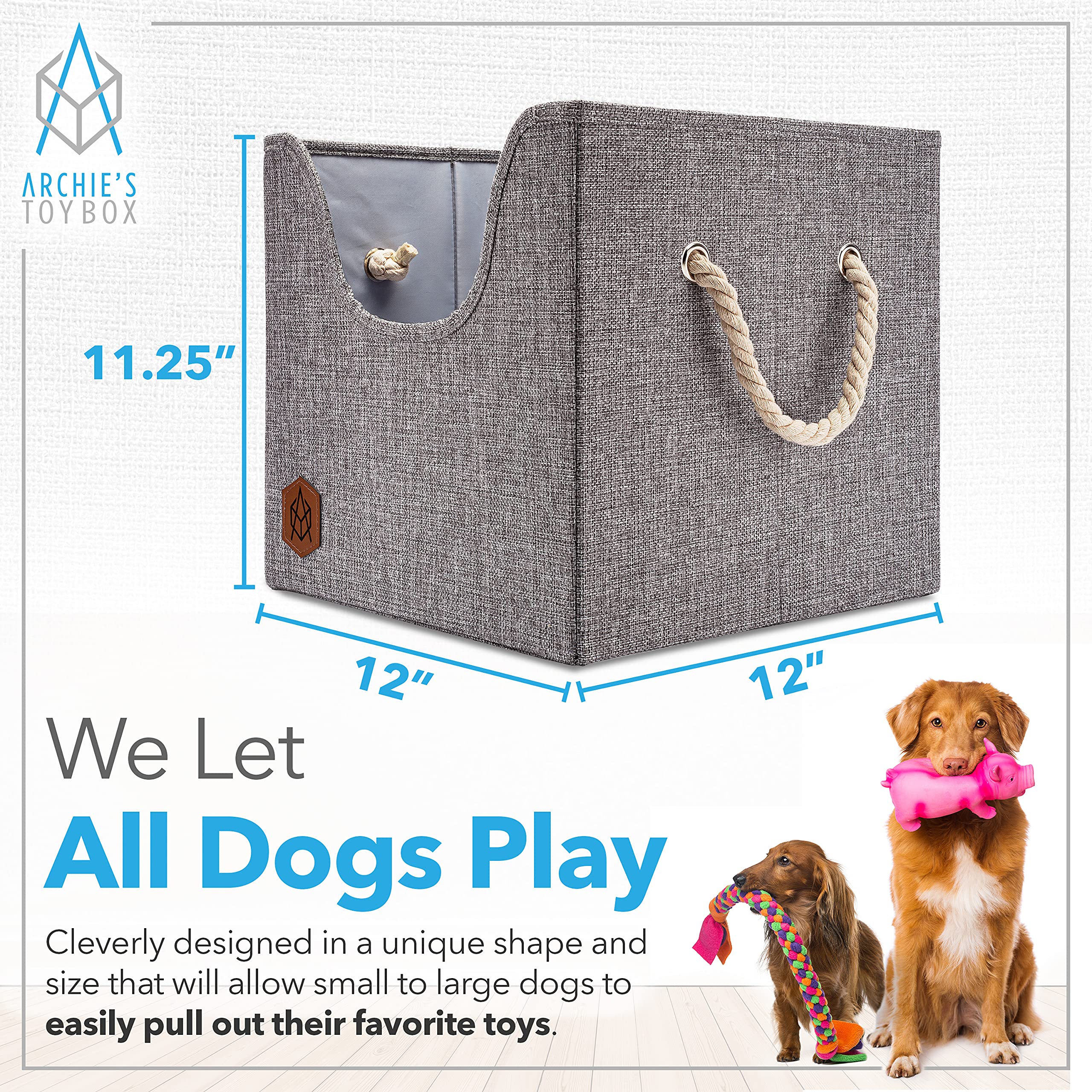 Durable Foldable Dog Toy Storage Box with Cutout Window & Cardboard Base - Puppy Toy Organizer Basket in Stylish Earth Tone (12x12x11.25 Inch) | Perfect for Living Room, Bedroom or Pet Play Area Organization