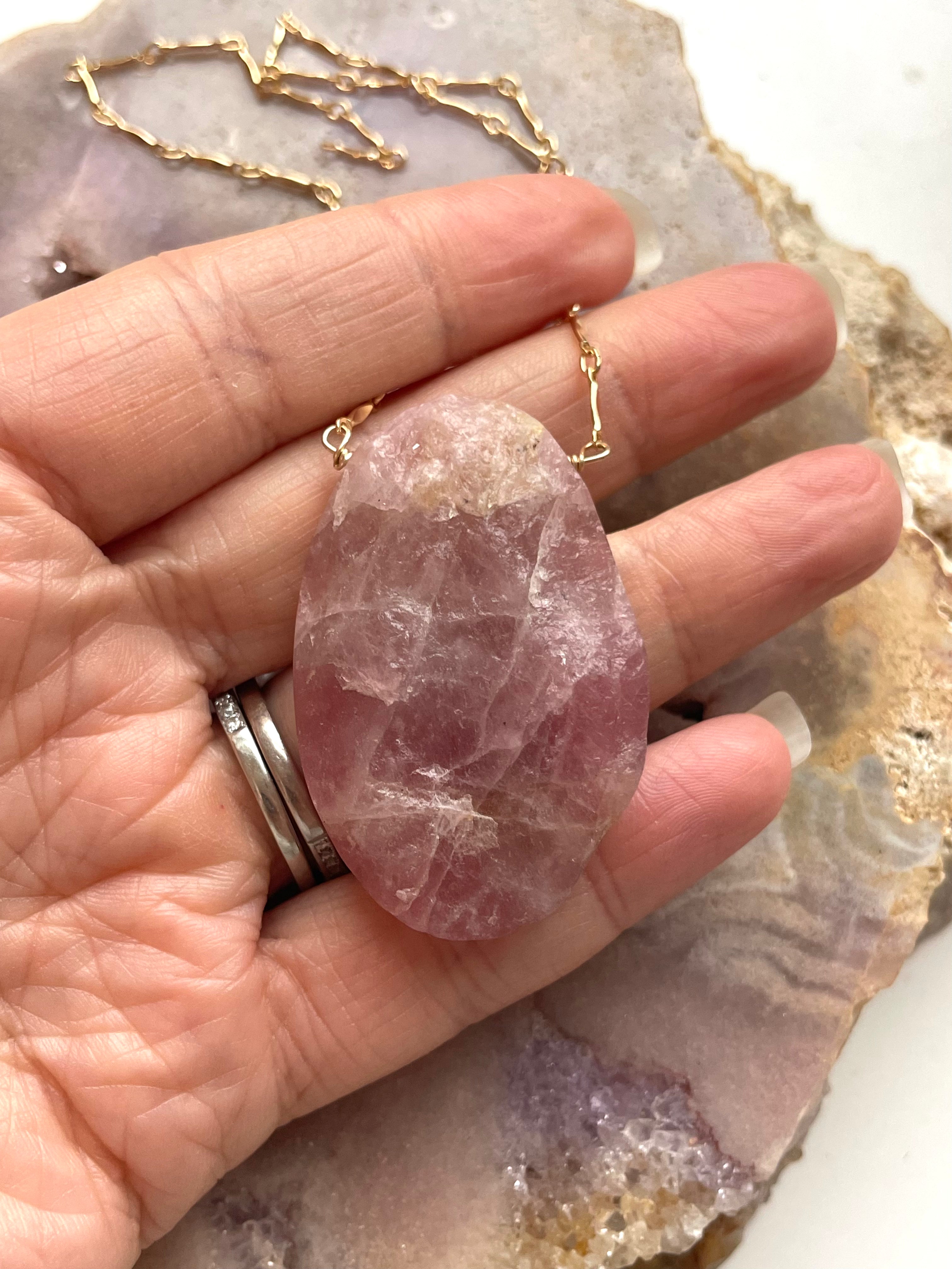Large Raw Rose Quartz Statement Crystal Necklace - 14K Gold Filled Healing Jewelry for Women | Perfect for Meditation, Yoga & Spiritual Gifts