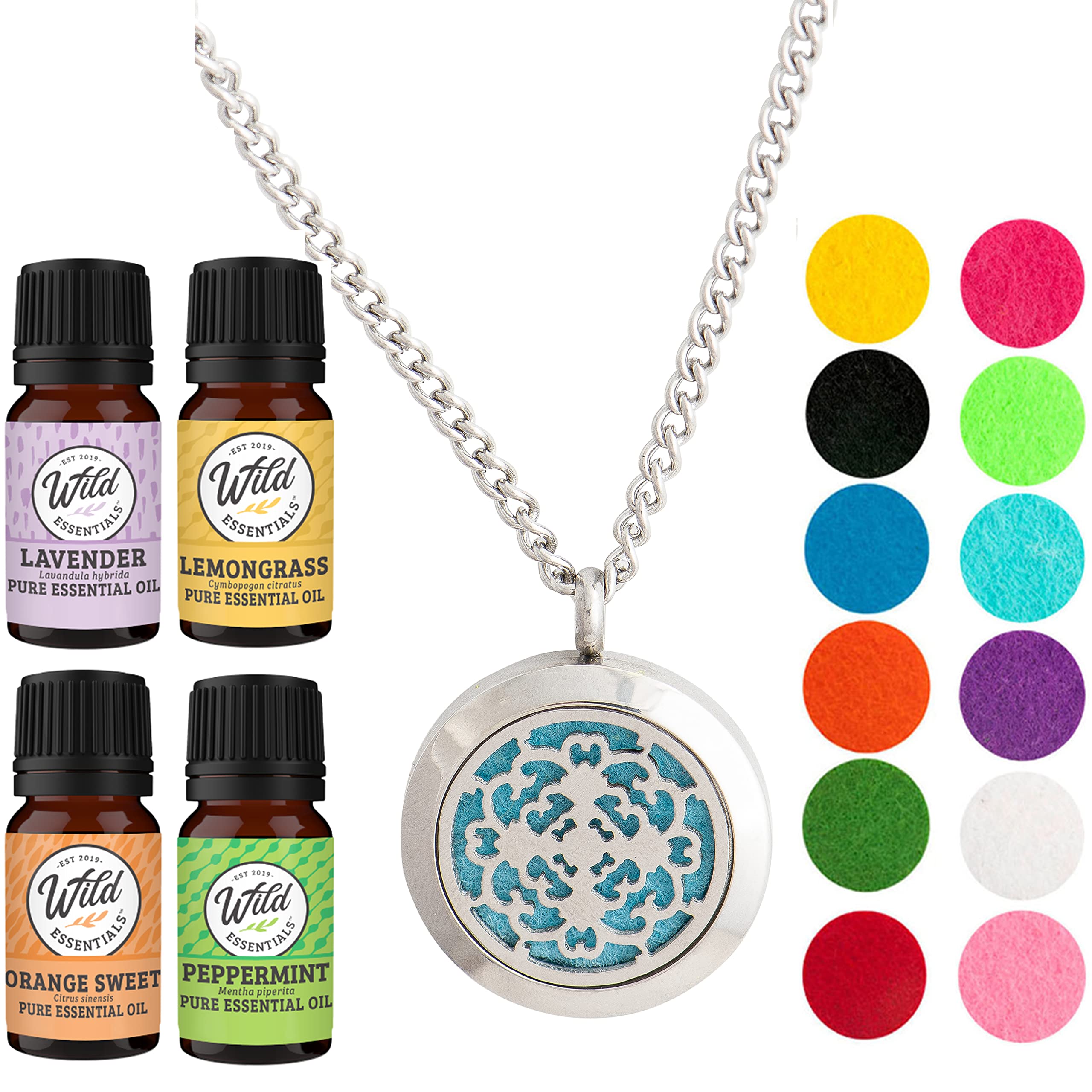 Wild Essentials Cross Necklace Essential Oil Diffuser Kit with Lavender, Lemongrass, Peppermint & Orange Oils - 12 Refill Pads, Calming Aromatherapy Gift Set, Customizable Color Changing Perfume Jewelry - Perfect for Meditation, Yoga, Stress Relief & Home Spa Relaxation