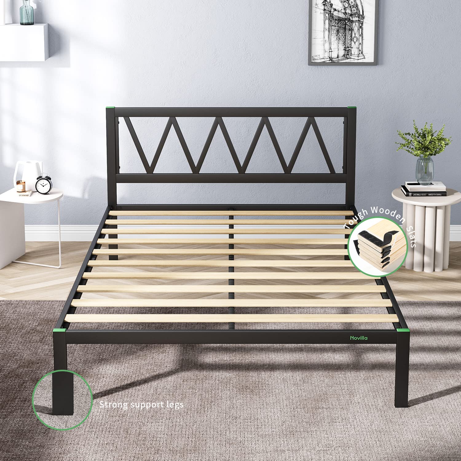 Novilla 14 Inch Full Size Bed Frame with Headboard - Sturdy Metal Platform Bed Frame with Storage Space & Wooden Slats Support - No Box Spring Needed - Easy Assembly in Black - Perfect for Small Bedrooms, Guest Rooms & Apartments