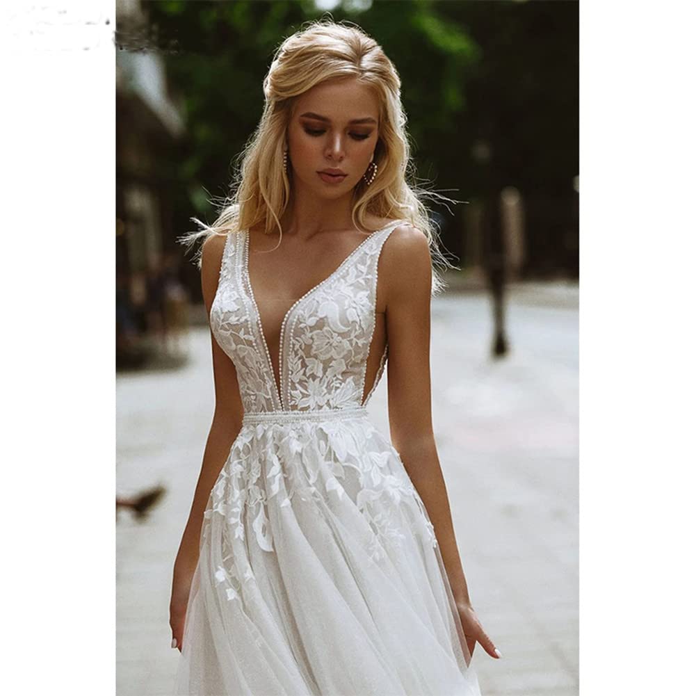Elegant A-Line Backless Lace Beach Wedding Dress for Women - Perfect for Summer Bridal Gowns, Beach Weddings & Romantic Outdoor Ceremonies