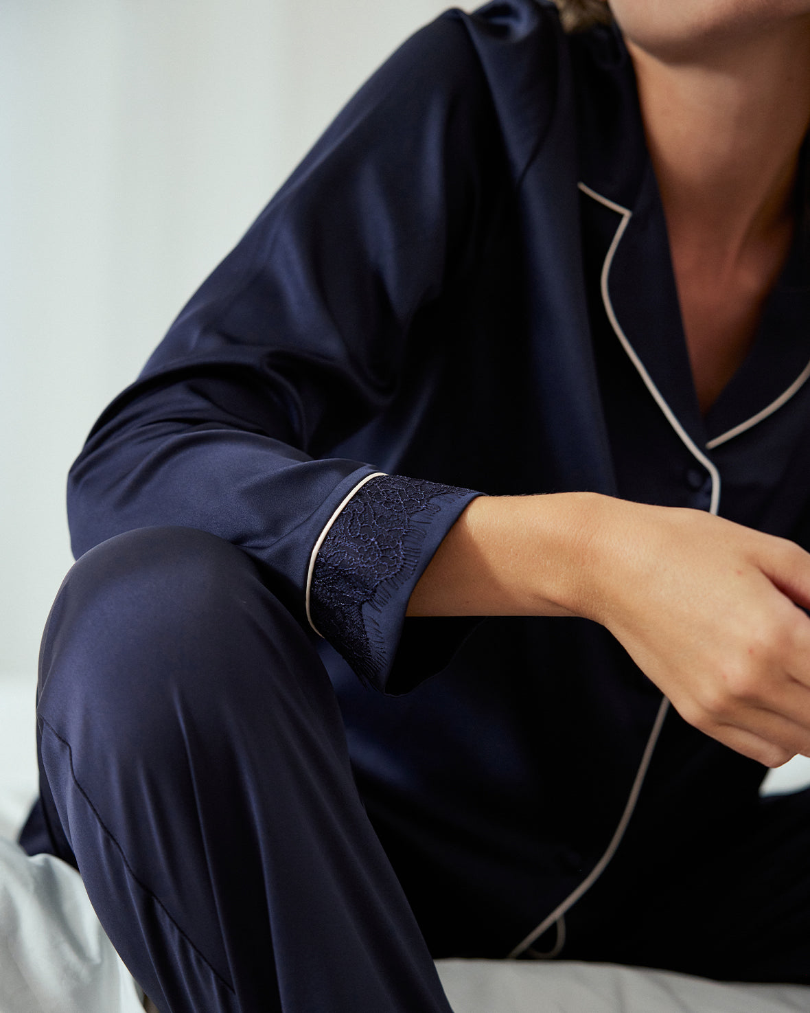 Satin Lace Trim Long Pajama Set for Women - Soft Comfortable Sleepwear Nightwear - Navy Blue Loungewear for Relaxing at Home or Romantic Nights