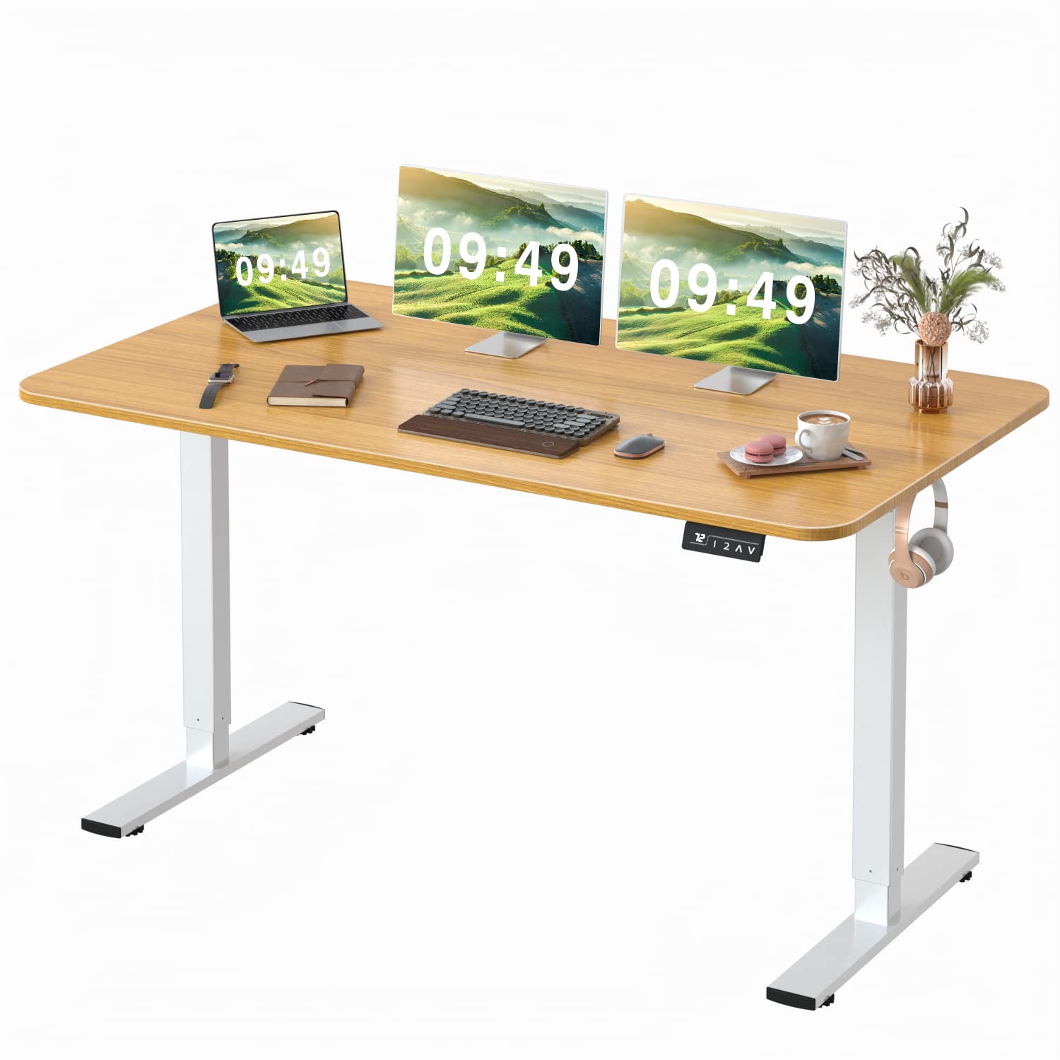 Furmax Electric Height Adjustable Standing Desk 55 x 24 Inches - Sit Stand Home Office Computer Desk with Memory Preset & T-Shaped Metal Bracket (Wood Finish) - Perfect for Remote Work, Gaming & Study Spaces