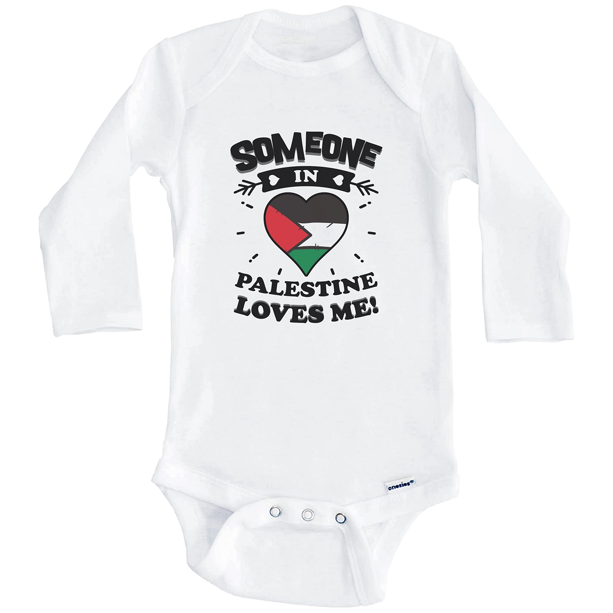 Palestine Heart One Piece Baby Bodysuit - Long Sleeve Infant Romper with 'Someone in Palestine Loves Me' Design - Perfect for Family Photos, Cultural Celebrations & Gift Giving