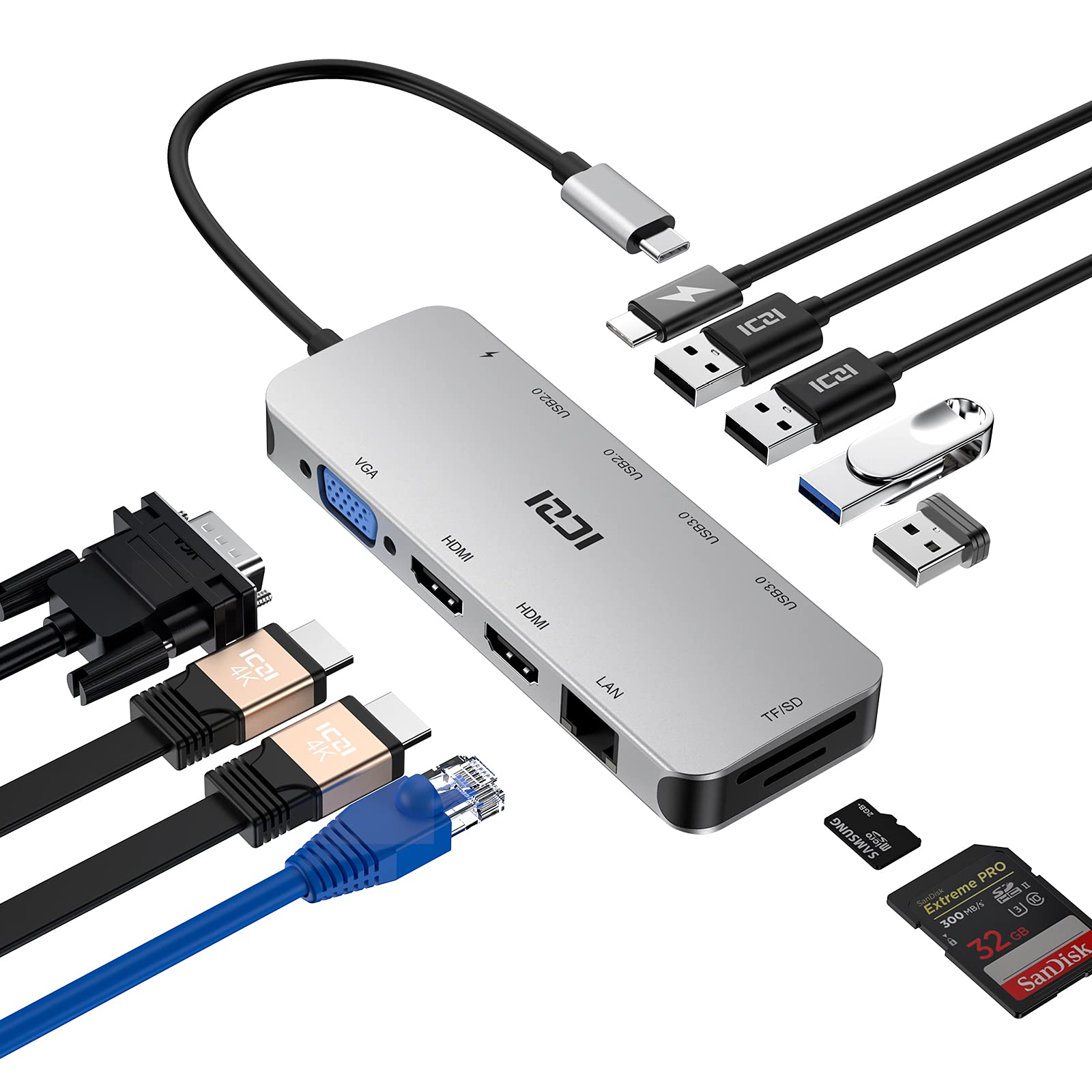 11-in-1 USB C Docking Station with Dual 4K HDMI & VGA - Triple Display Adapter for MacBook, Dell, HP, Lenovo & Surface Pro - 100W PD Charging, 4 USB Ports, Ethernet, SD/TF Card Reader - Perfect for Home Office & Multi-Monitor Workstations