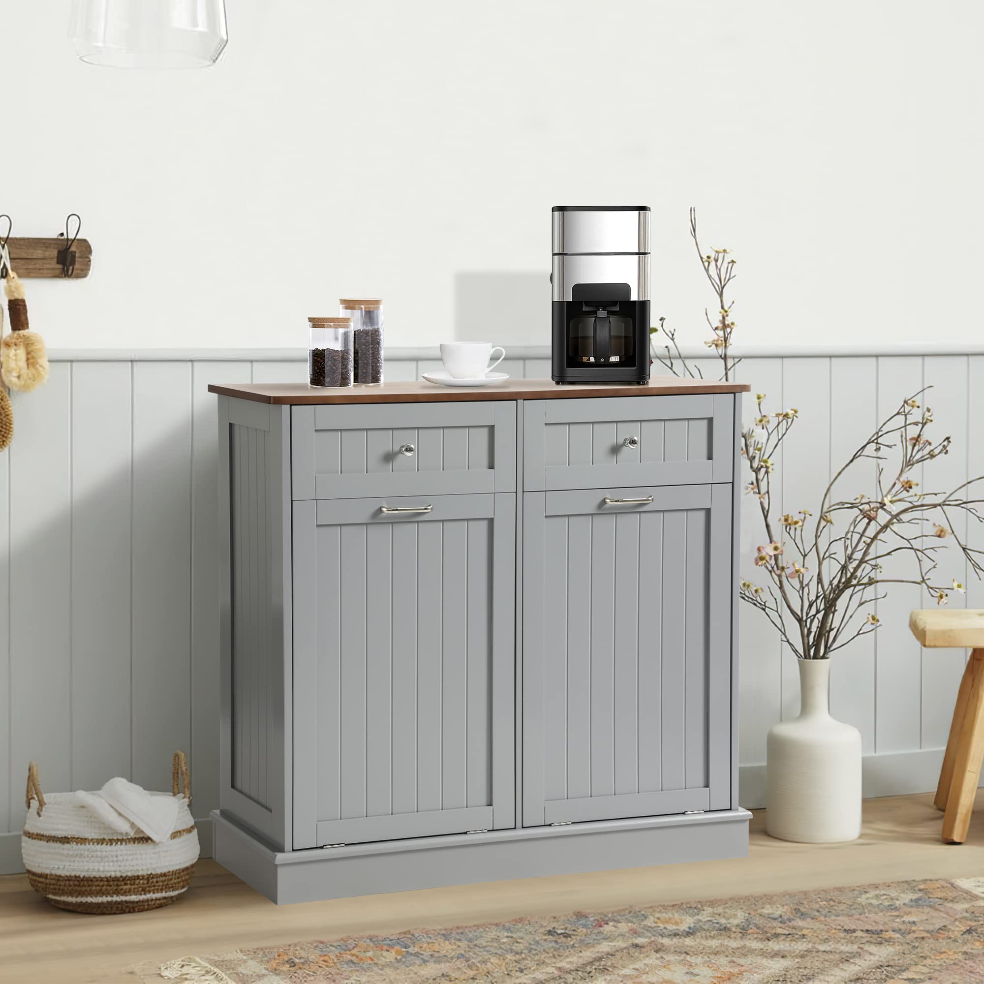 KIGOTY Double Tilt Out Trash Cabinet - Pet Proof Kitchen Trash Can with Countertop & Storage Drawer - Wooden Laundry Hamper Organizer for Kitchen, Bathroom, Laundry Room - Grey (Perfect for Small Spaces & Pet Owners)