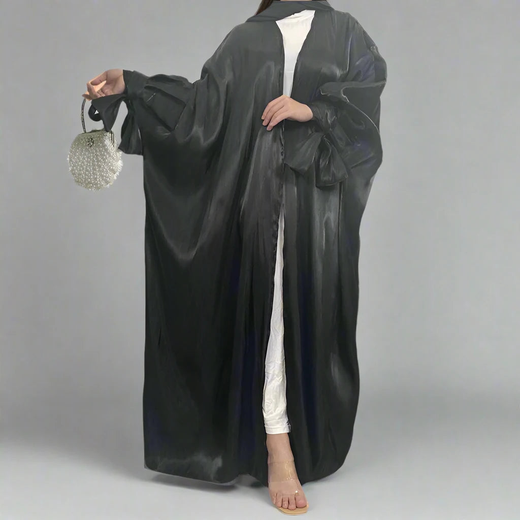 Elegant Muslim Abaya Dress - Soft Silk Satin Open Cardigan for Women | Perfect for Prayer, Mosque, and Special Occasions
