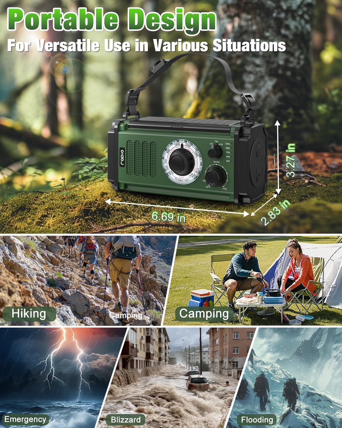 Emergency Radio with 37000mWh Hand Crank & Solar Power - NOAA AM/FM Weather Radio, 5 Charging Methods, Polymer Battery, Flashlight & Reading Lamp, SOS Alarm, Phone Charger - Perfect for Camping, Hiking, and Power Outages