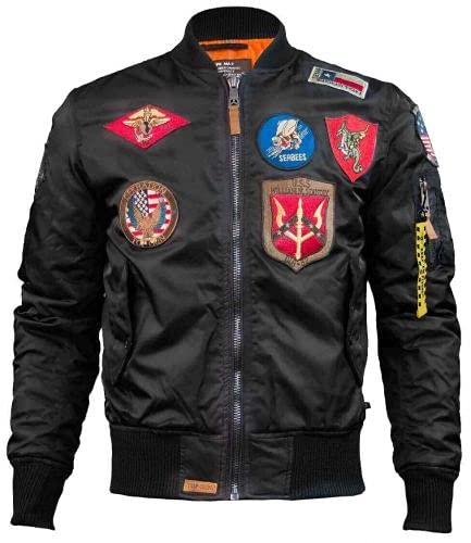 Top Gun MA-1 Nylon Bomber Jacket with Military Patches - Classic Aviator Style Flight Jacket for Men & Women - Perfect for Casual Wear, Motorcycle Riding & Outdoor Adventures