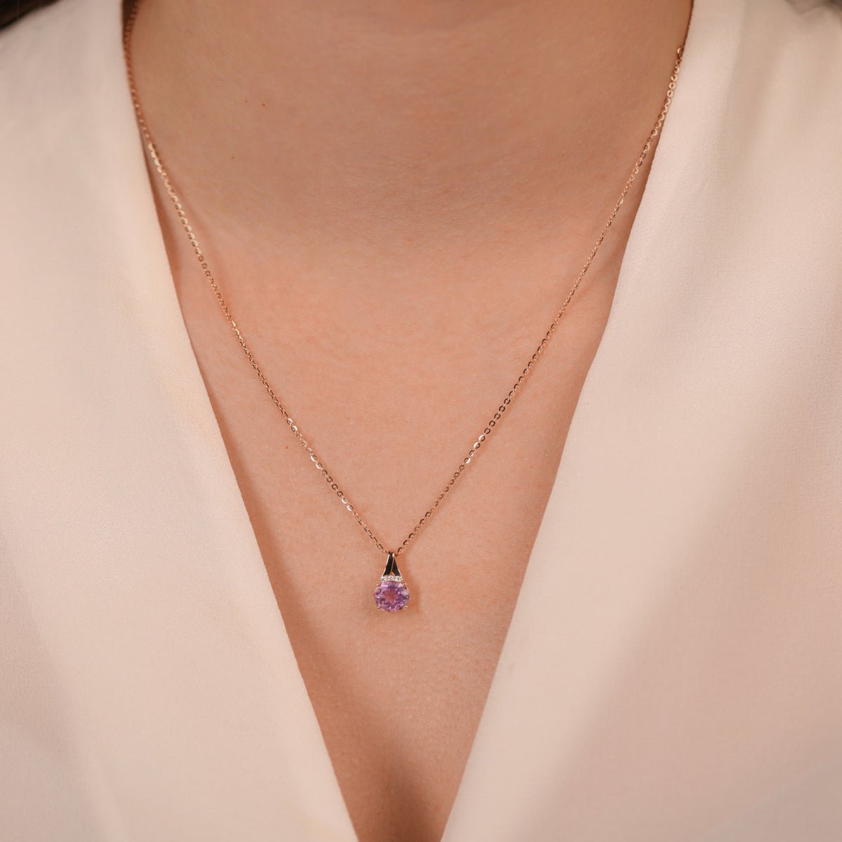 14K Rose Gold Round Amethyst Pendant Necklace with Diamonds - Elegant Jewelry Gift for Women, Perfect for Valentine's Day, Anniversary & Special Occasions