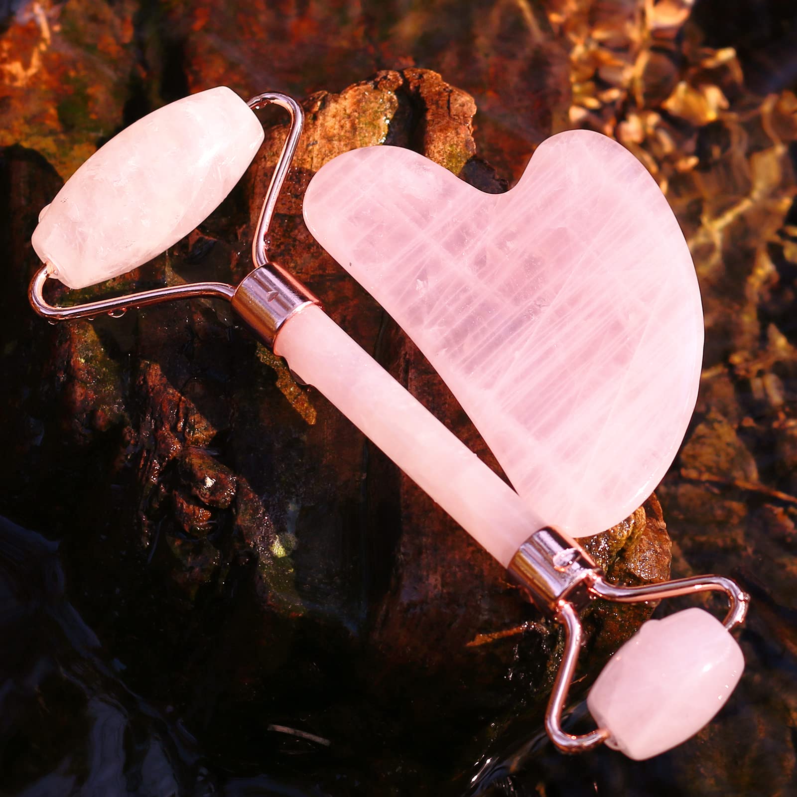 Natural Rose Quartz Jade Roller & Gua Sha Set - Facial Massage Tools for Skin Care, Anti-Aging & Lymphatic Drainage - Pink Beauty Roller for Face & Neck (Perfect for Daily Skincare Routine & Relaxation)