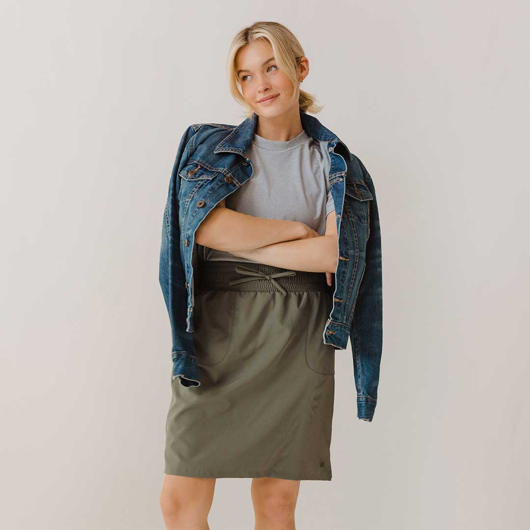The Away Skirt - Olive Green Women's Midi Skirt | Comfortable Stretchy High Waist A-Line Skirt for Work, Travel & Casual Outfits