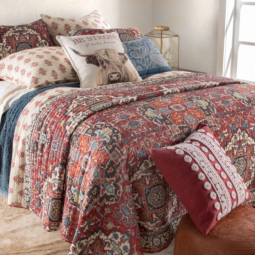 Southwest Medallion Kilim King Quilt - 106x92 Inch Reversible Cotton Bedspread in Red, Blue, Rust, Gray & Taupe - Perfect for Southwestern & Boho Home Decor, Guest Bedrooms & Ranch Style Houses