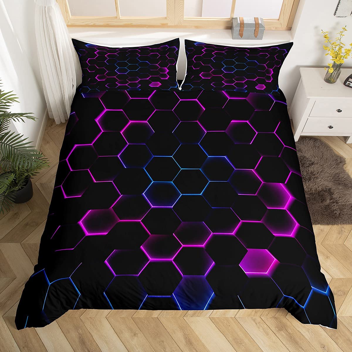 Homewish Honeycomb Duvet Cover Set Twin Size - Fuchsia & Blue Neon Geometric Hexagon Bedding (2pc) for Kids' Bedroom Decor | Includes 1 Pillowcase | Soft Quilt Cover for Boys & Girls | Perfect for Teen Rooms, Dorm Decor & Modern Bedroom Styling