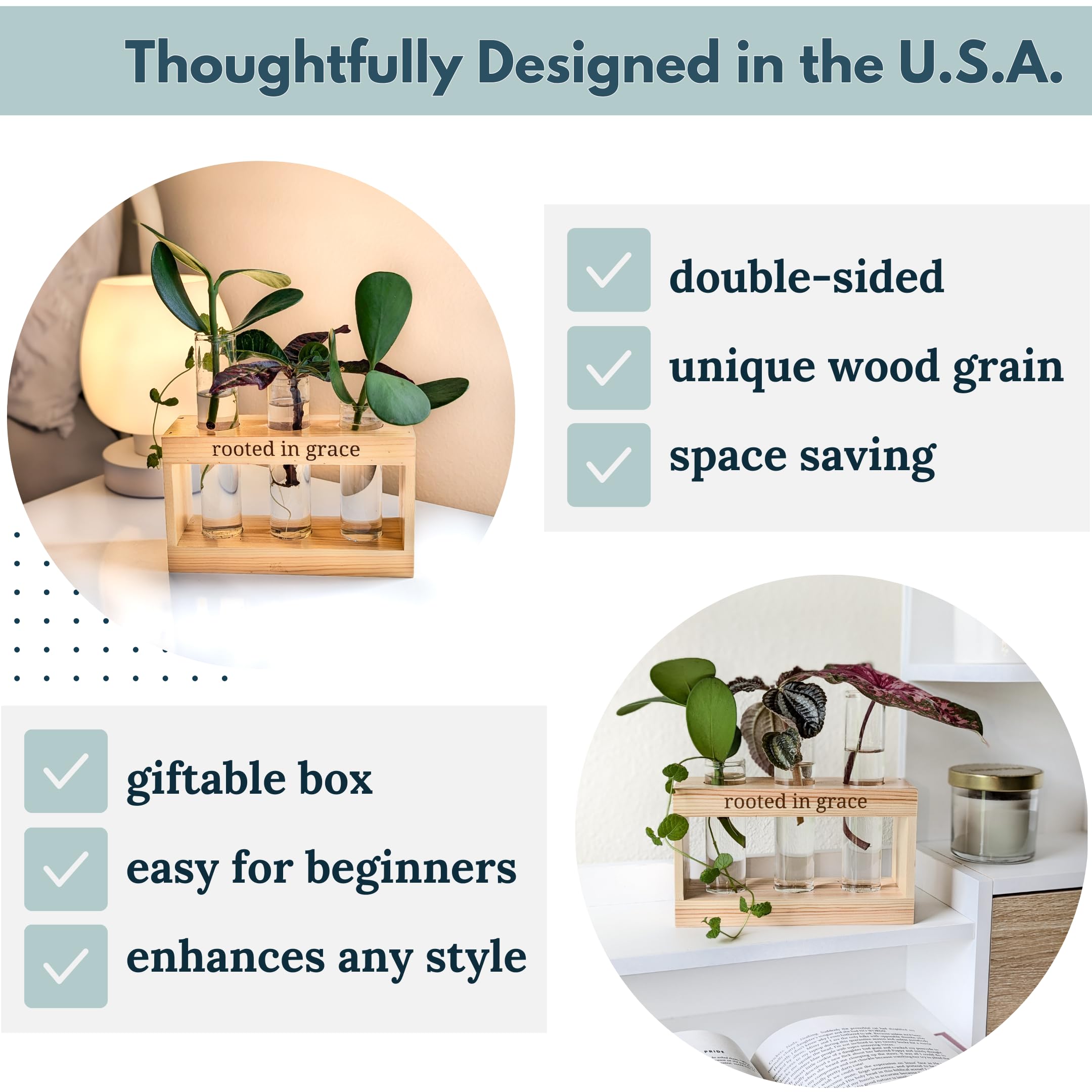 Rooted in Grace: Plant Propagation Station with Glass Vases - Unique Christian Gift Set for Women & Moms, Indoor Planter & Home Decor for Faith-Inspired Living Rooms, Kitchens, or Office Spaces