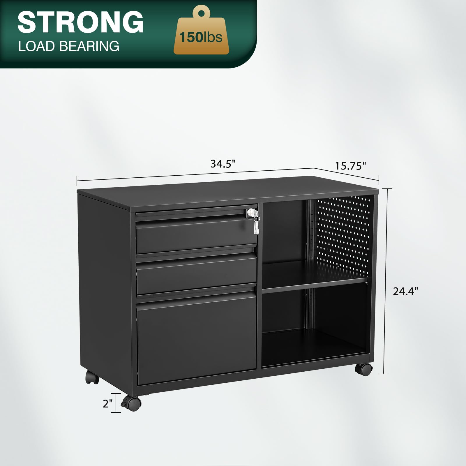 3-Drawer Locking Metal File Cabinet - Mobile Lateral Filing Cabinet with Shelves, Printer Stand for Home Office Storage (Black) | Perfect for Organizing Documents, Office Supplies & Home Workspaces