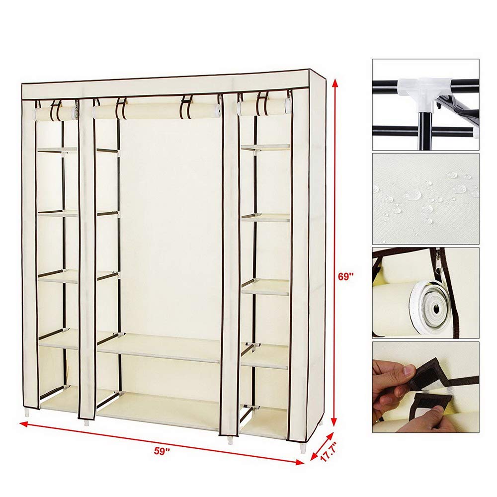 Portable Wardrobe Closet Organizer with Double Rod & 12 Shelves - 69-Inch Large Clothes Storage Cabinet in Beige | Non-Woven Fabric Armoire for Bedroom, Closet & Dorm Organization | Perfect for Seasonal Clothes, Shoes & Accessories Storage
