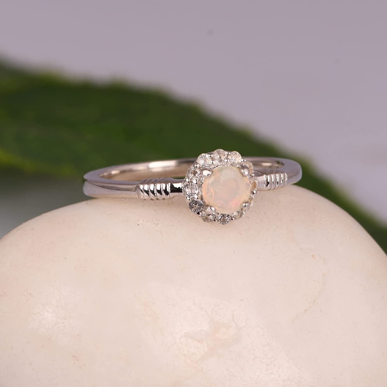 925 Sterling Silver Round Natural White Topaz & Ethiopian Opal Gemstone Ring for Women | Anniversary, Engagement, Wedding Gift | Elegant Bridal Jewelry for Christmas, Baby Shower & Special Occasions