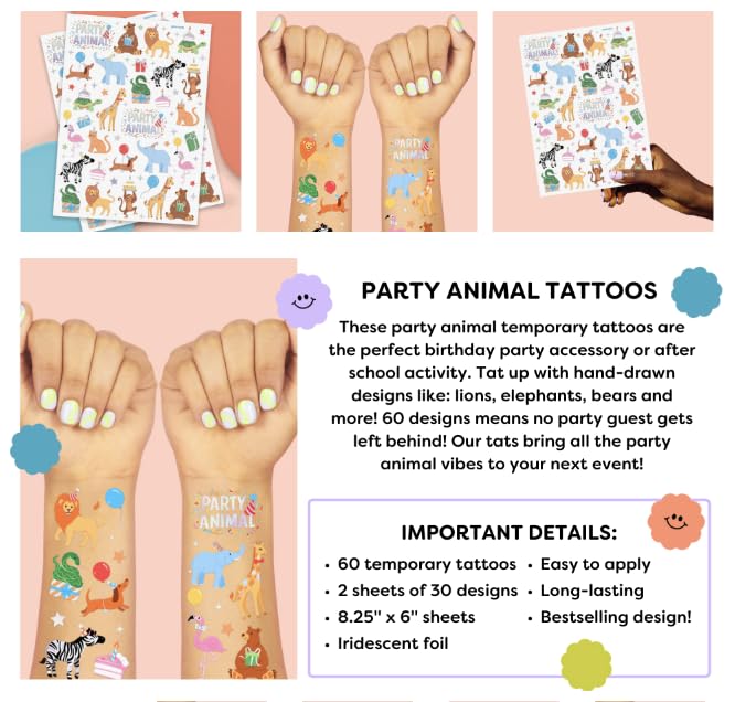 Fetti Party Animal Birthday Temporary Tattoos - 60 Foil Styles for Safari Birthday Decorations | Wild Rainbow Kids Accessories, Wild One Elephant Theme Party Favors, Baby Shower Supplies - Perfect for Birthday Parties, Baby Showers & Themed Events
