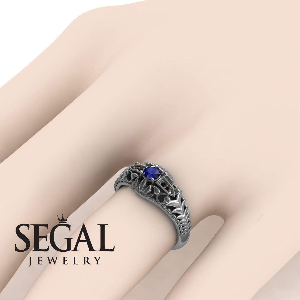 14K White Gold Vintage Victorian Edwardian Filigree Engagement Ring with Sapphire & Black Diamond - Elegant Antique Style Jewelry for Weddings, Anniversaries, and Special Occasions