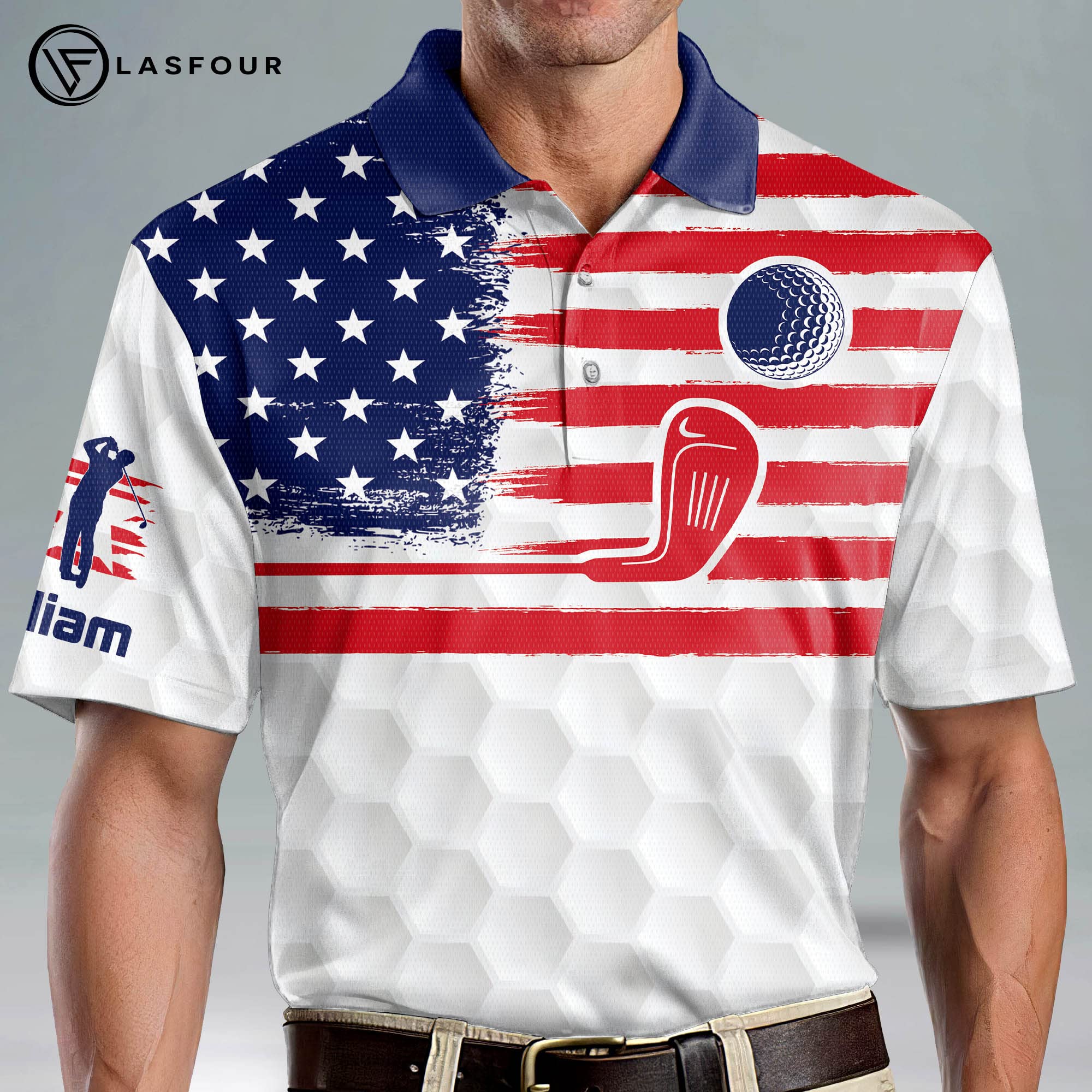 LASFOUR Custom American Flag Golf Polo Shirt for Men - Moisture Wicking Quick Dry Performance Fabric, UV Protection, Breathable Short Sleeve Golf Shirts - Perfect for Golf Tournaments, 4th of July Events & Patriotic Outfits