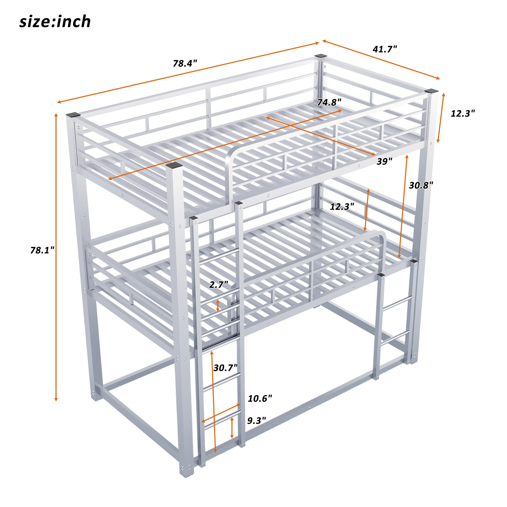 Sturdy Triple Bunk Bed Twin Over Twin Over Twin – 3 Tier Bunk Bed with 2 Ladders & Safety Guardrails – Space-Saving Twin Size Bunk Bed for Kids & Teens – Silver Finish – Ideal for Dorms, Hostels & Small Bedrooms