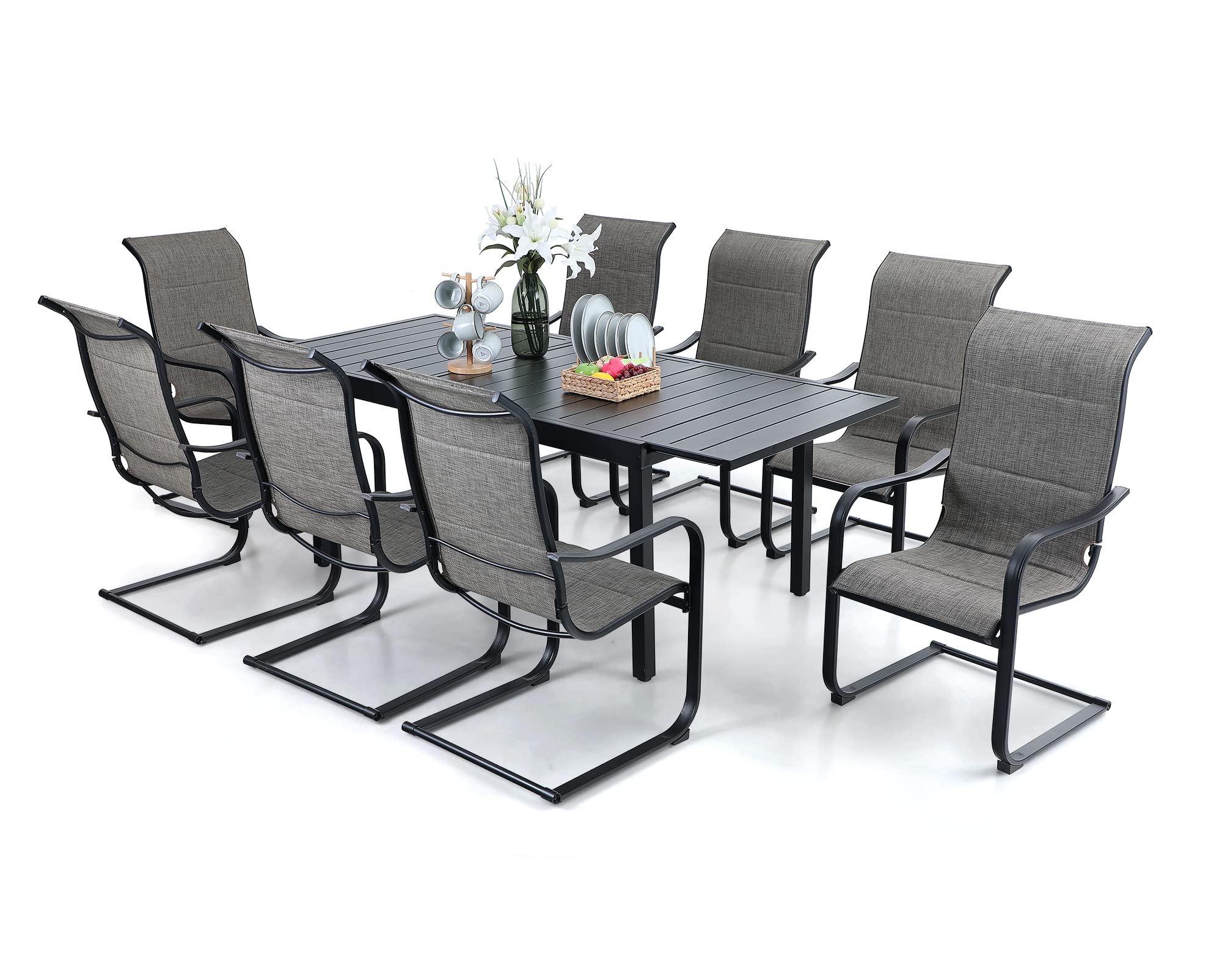 PHI VILLA 9-Piece Outdoor Patio Dining Set - Expandable Metal Table & 8 Cushioned Textilene Chairs with Gentle Rocking Motion - Durable Weather-Resistant Furniture for Backyard, Deck, Garden (Perfect for Outdoor Entertaining & Family Gatherings)