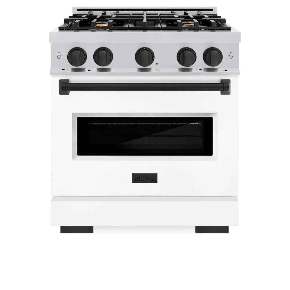 ZLINE Autograph Edition 30 Inch 4.2 cu. ft Stainless Steel Gas Range - 4 Burner Cooktop & Convection Oven with White Matte Door & Black Accents (CGRZ WM 30 MB) | Professional Kitchen Appliance for Home Chefs & Cooking Enthusiasts