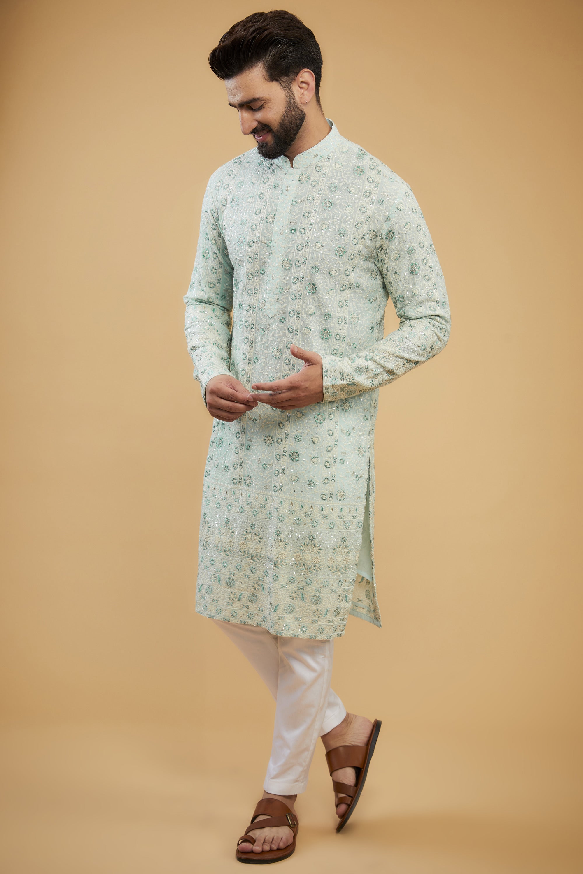 Elegant Powder Blue Chikankari Kurta with Intricate Floral Embroidery - Perfect for Festivals, Weddings & Casual Wear