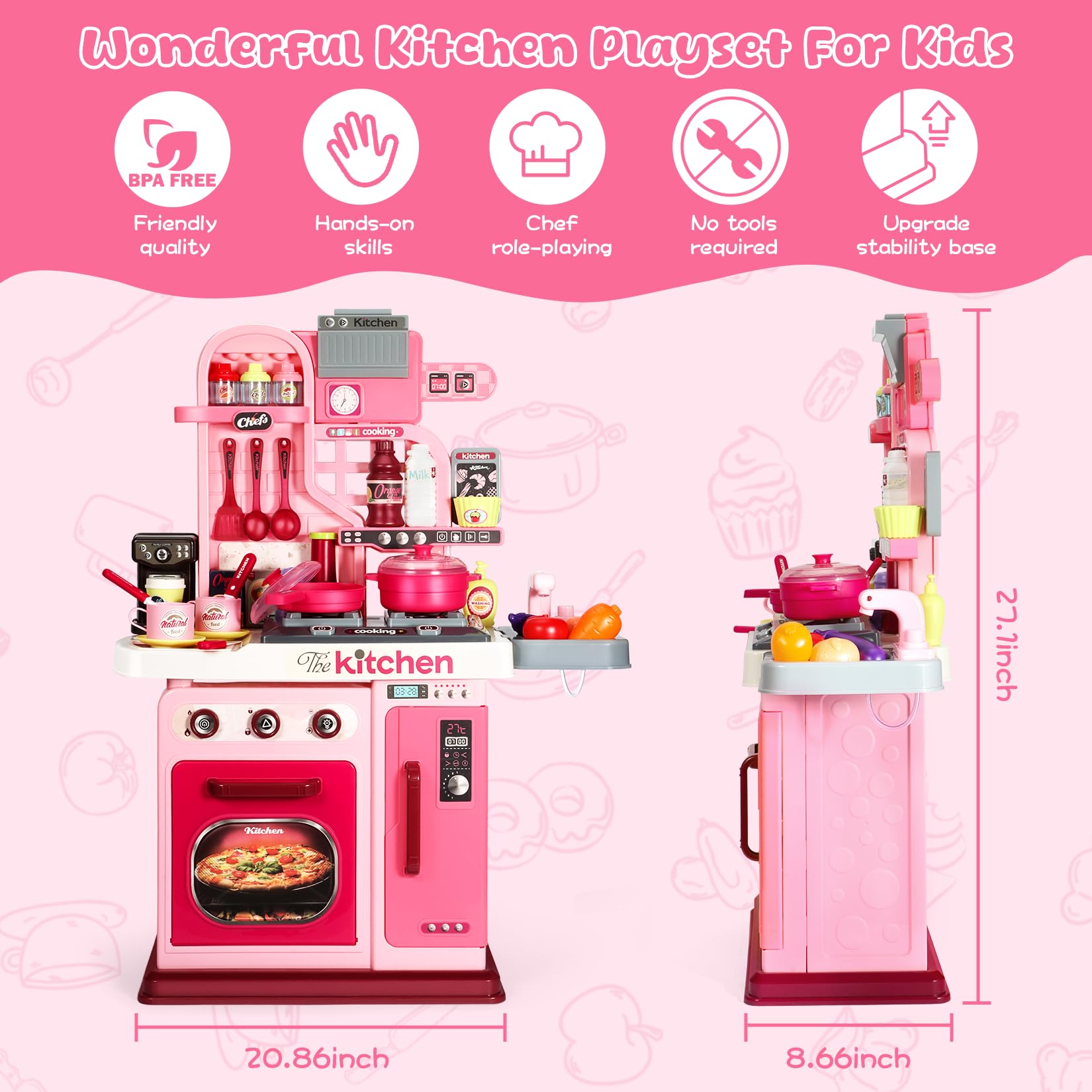 Pink Kids Play Kitchen Set with Sound & Light - 27.1