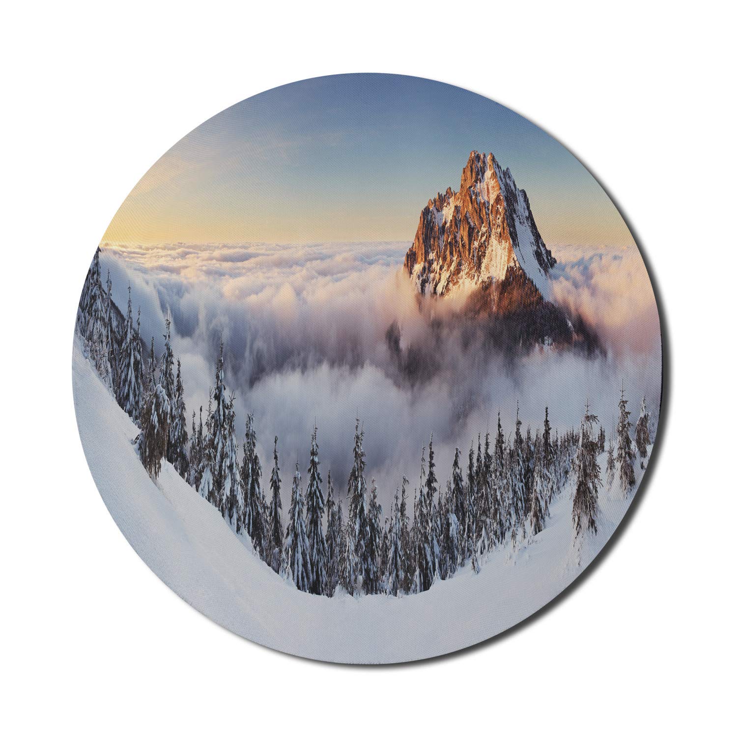Ambesonne Round Non-Slip Gaming Mouse Pad - 8 Inch Thick Rubber Computer Mousepad with Winter Mountain Panorama Design (Fatra Mountains, Slovakia) - Perfect for Office, Gaming & Home Workspace