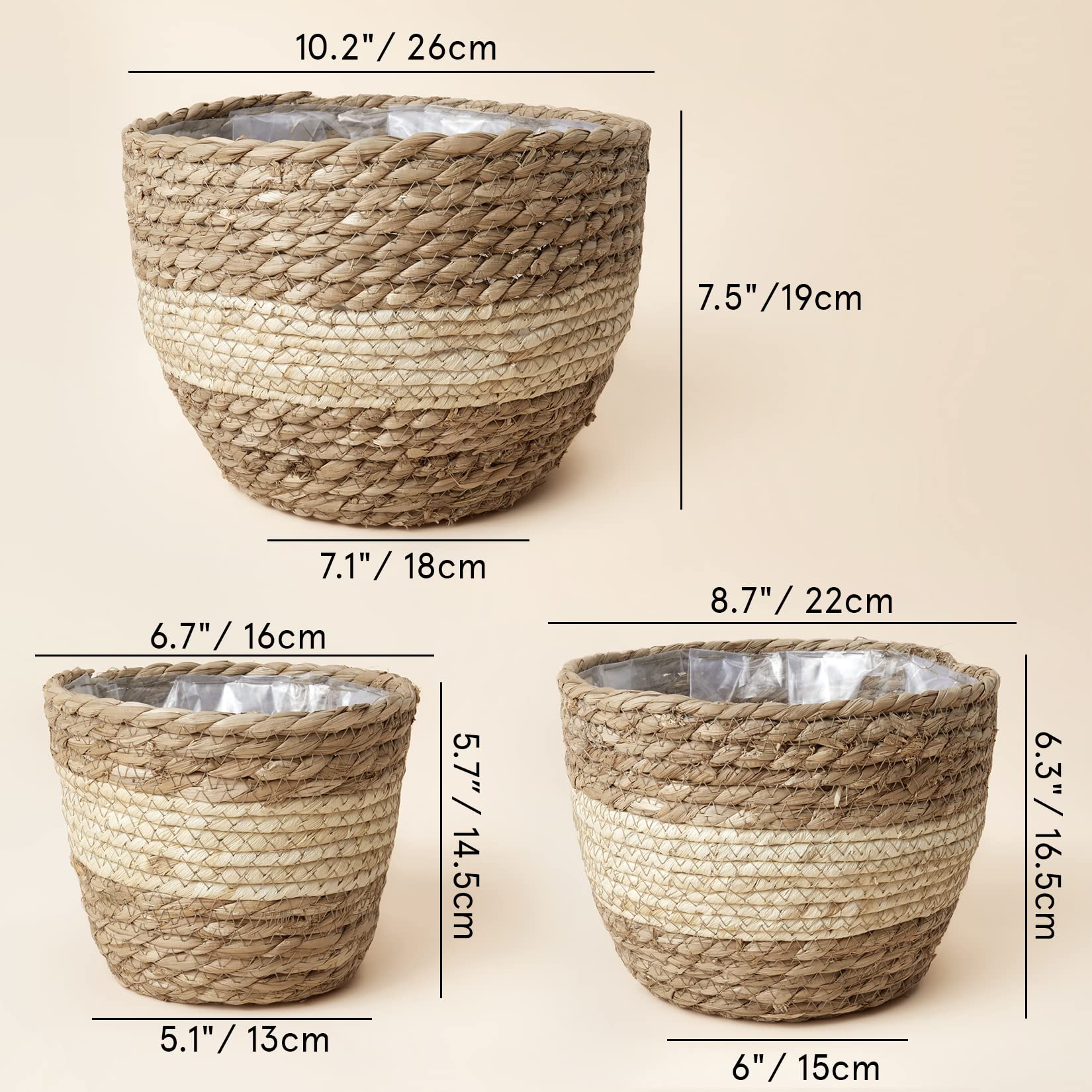 LA JOLIE MUSE 10 Inch Seagrass Planter Basket - Indoor/Outdoor Flower Pot Cover, Natural Beige Plant Container for Home Decor, Patio, Garden & Boho Style Decorations