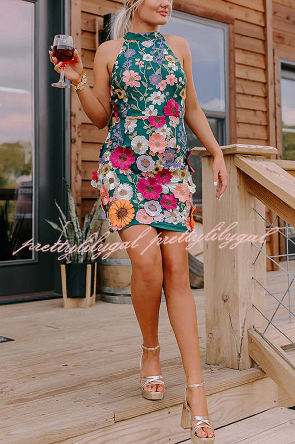 Floral Applique Halter Mini Dress - Elegant Summer Party Dress for Women | Perfect for Weddings, Beach Vacations & Date Nights