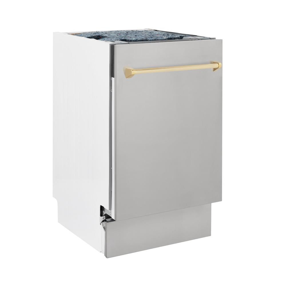 ZLINE Autograph Edition 18-inch Compact 3rd Rack Top Control Dishwasher in Stainless Steel with Polished Gold Handle - 51dBa Ultra Quiet (DWVZ 304 18 G) | Perfect for Small Kitchens, Apartments & RVs