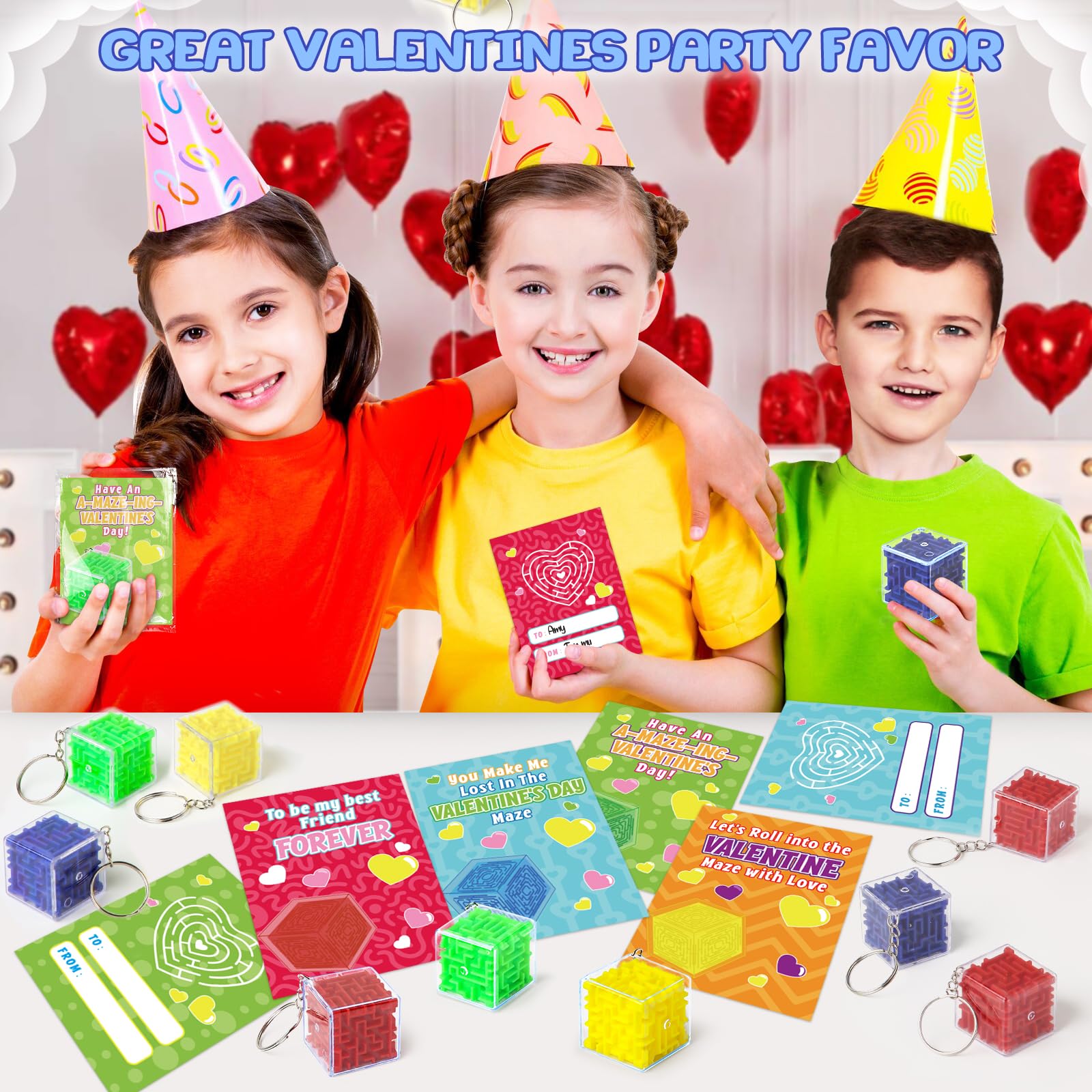 28 Pack Valentine's Day Cards for Kids with 3D Maze Puzzle Toys - Classroom Exchange Gifts, School Party Favors & Fun Keychains | Perfect for Valentine's Classroom Activities, Student Gifts & Holiday Celebrations