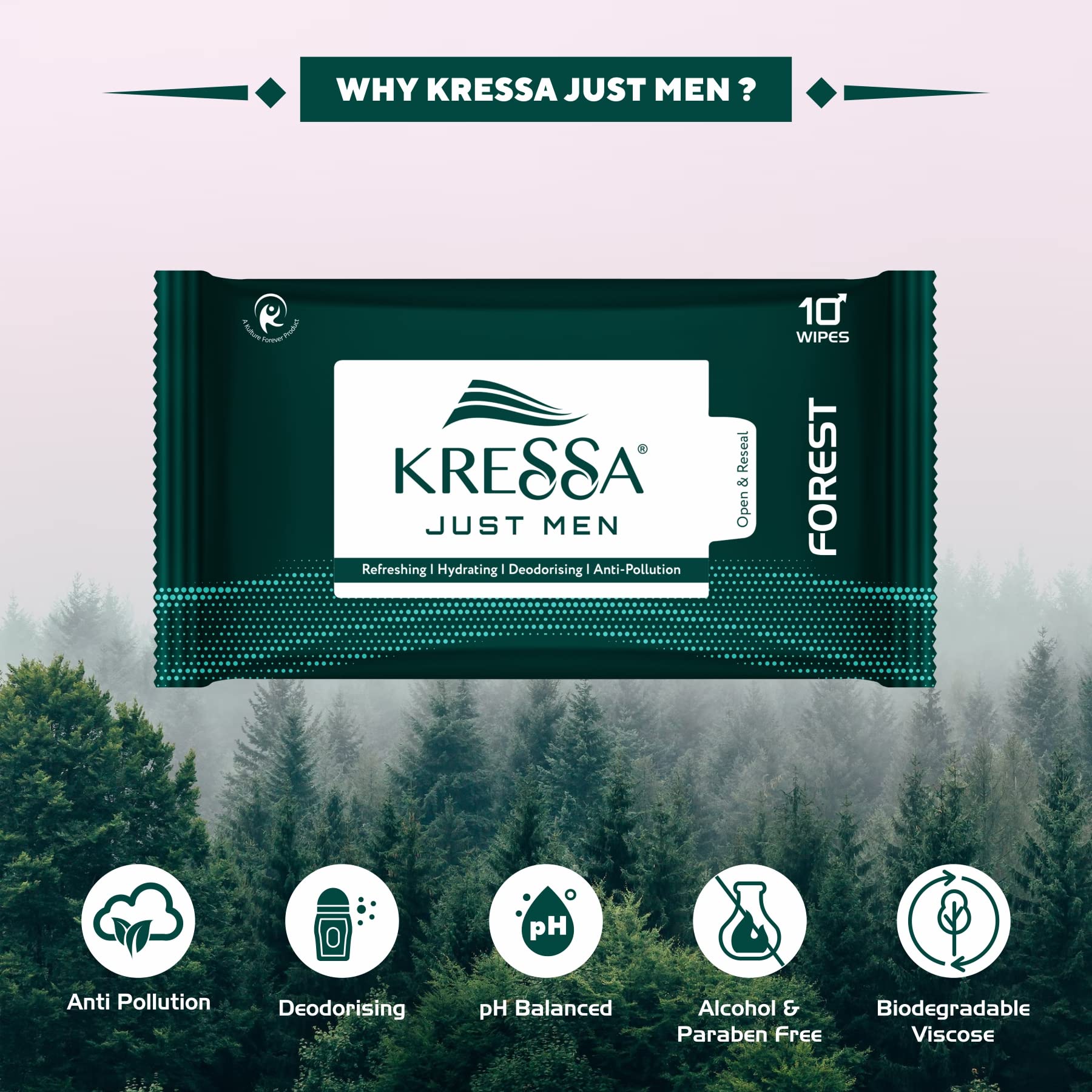 Kressa Men's Face Wipes - Refreshing Anti-Pollution Facial Cleansing Wipes for Men (Forest Scent, Pack of 20) | Perfect for Gym, Travel & On-the-Go Skincare