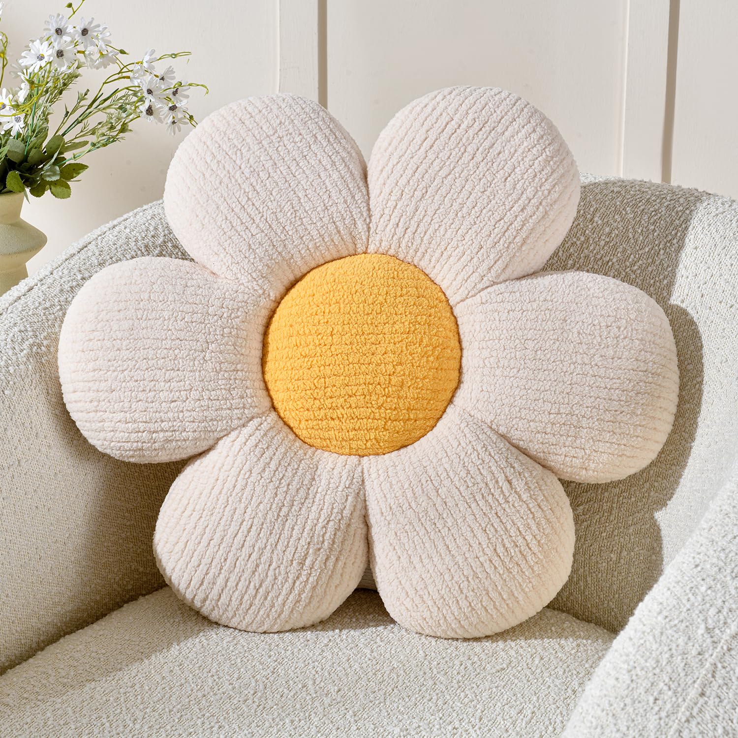Floral Shaped Pillow - Soft Flower Floor Cushion for Home Decor, Aesthetic Accent Pillow for Bed, Sofa & Couch (White, 19.7