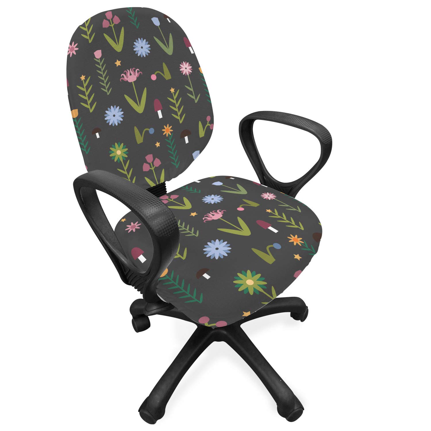 Ambesonne Floral Office Chair Slipcover - Tulip Iris Daisy Rose Petals Forest Mushroom Pattern Stretch Fabric Cover - Olive Green & Dried Rose - Perfect for Home Office, Study Room & Workspace Decor