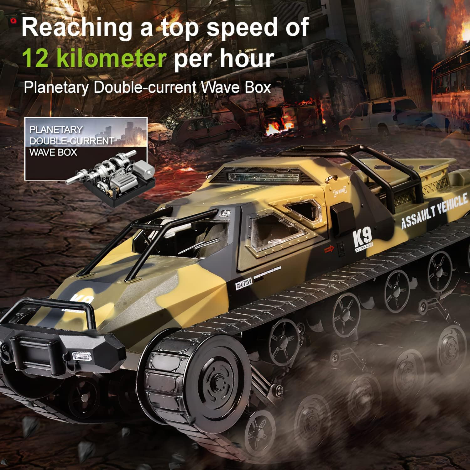 1:12 Scale 2.4Ghz Remote Control Tank - All Terrain 4WD Off-Road RC Crawler with 360° Rotating & Drifting, 2 Rechargeable Batteries - Perfect for Outdoor Adventure, Backyard Play & RC Hobbyists (Yellow)